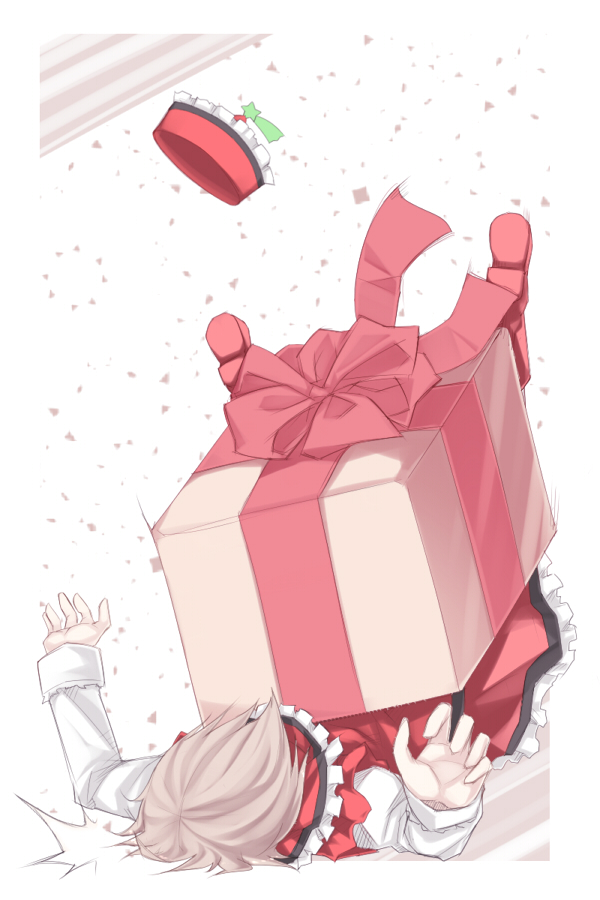 kazetto, lyrica prismriver, touhou, 1girl, action, brown hair, dress, female focus, gift, hat, shoes, short hair, solo, unworn hat, unworn headwear