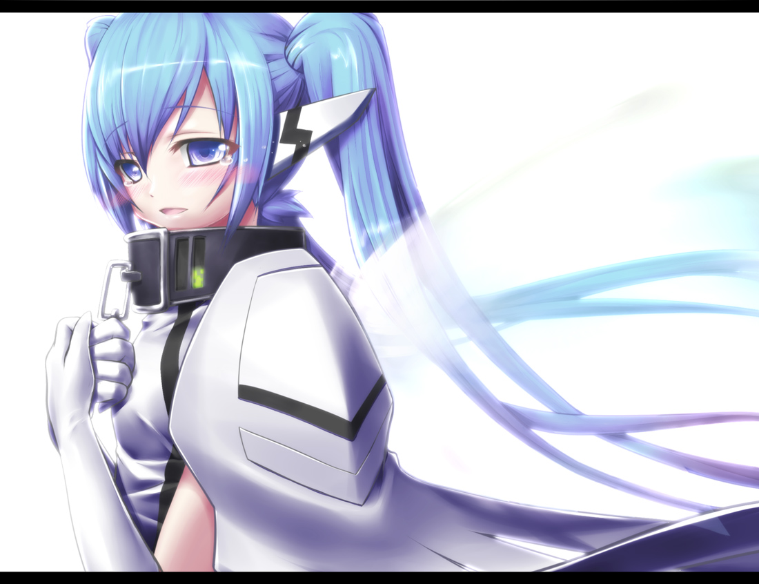 yosugara shou, nymph (sora no otoshimono), shou, sora no otoshimono, 00s, 1girl, blue eyes, blue hair, blush, chain, collar, elbow gloves, female focus, gloves, hands on own chest, letterboxed, long hair, matching hair/eyes, solo, tears, twintails, white gloves, wings
