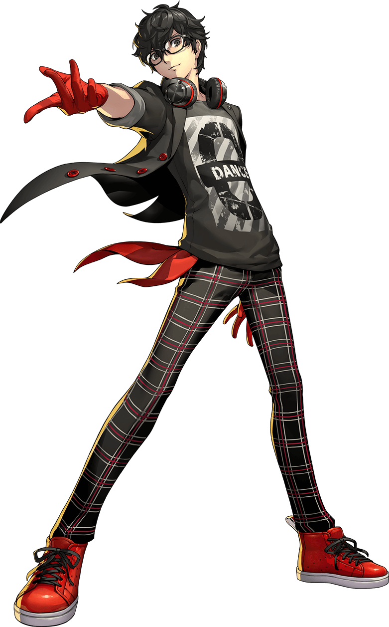 soejima shigenori, amamiya ren, persona, persona 5, persona 5: dancing star night, persona dancing, highres, official art, third-party source, 1boy, black hair, full body, glasses, gloves, headphones, headphones around neck, male focus, official alternate costume, outstretched arm, pants, plaid clothes, plaid pants, school uniform, shoes, shuujin academy school uniform, smile, sneakers, solo, standing, transparent background