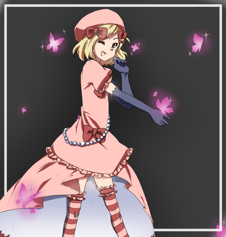 lambdadelta, umineko no naku koro ni, 00s, blonde hair, bug, butterfly, dress, elbow gloves, gloves, pink dress, ribbon, smile, thighhighs, wink, yellow eyes