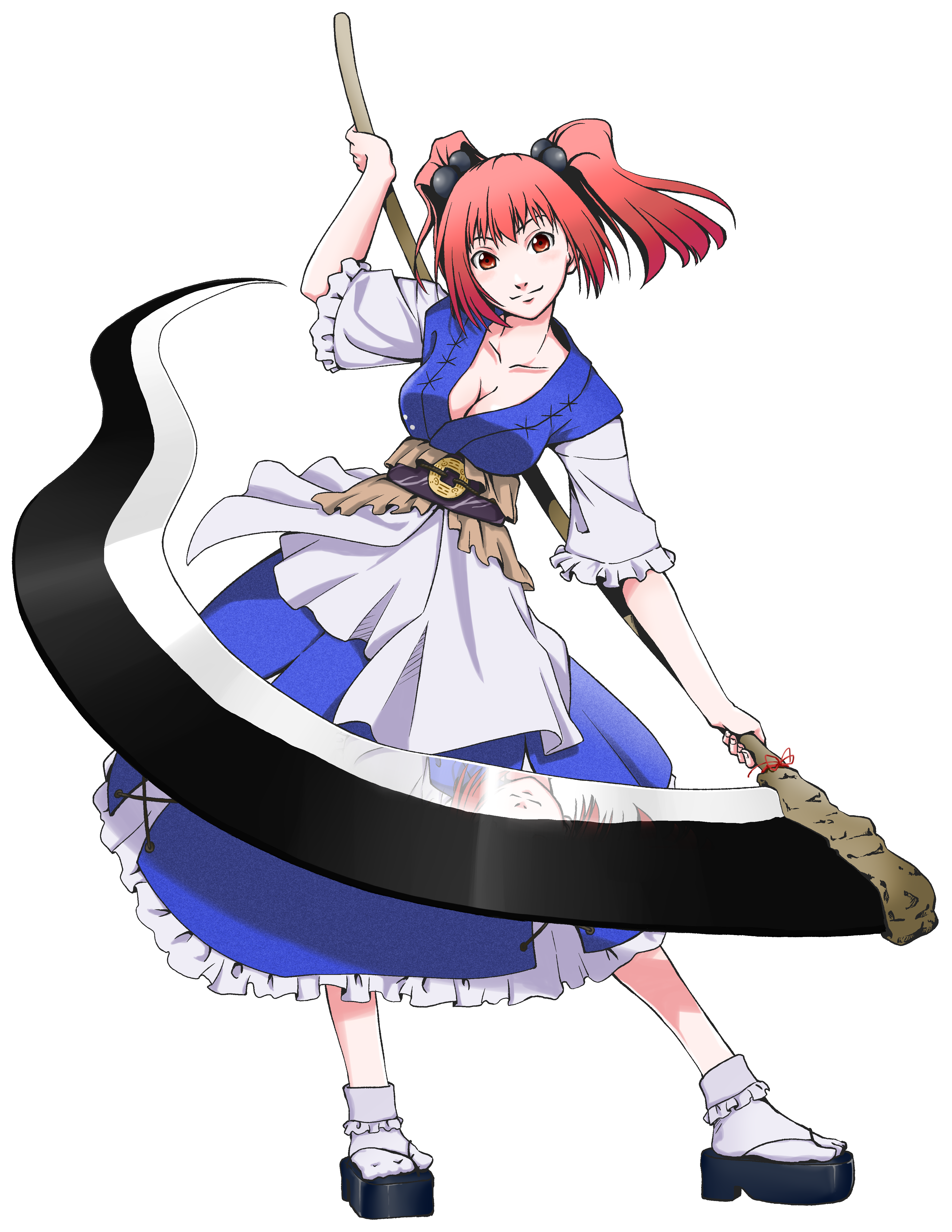 yutan, onozuka komachi, touhou, absurdres, highres, 1girl, breasts, cleavage, female focus, full body, hair bobbles, hair ornament, large breasts, red eyes, red hair, scythe, short hair, solo, standing, transparent background, twintails, two side up