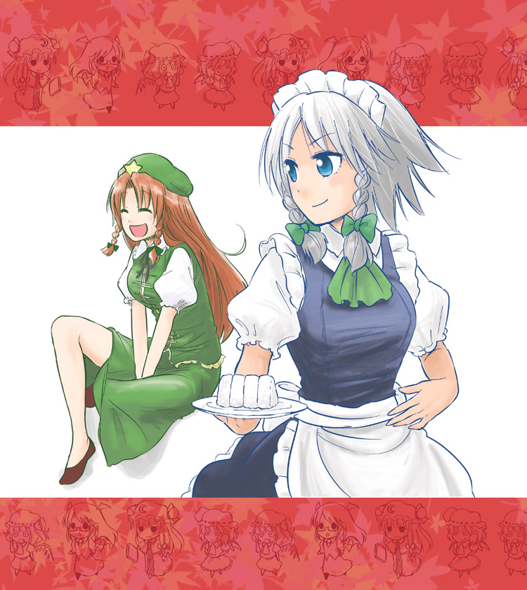 abekawa, flandre scarlet, hong meiling, izayoi sakuya, koakuma, patchouli knowledge, remilia scarlet, embodiment of scarlet devil, touhou, 2girls, 6+girls, breasts, chibi, female focus, food, hairband, maid, multiple girls, onigiri, ribbon, skirt, white background