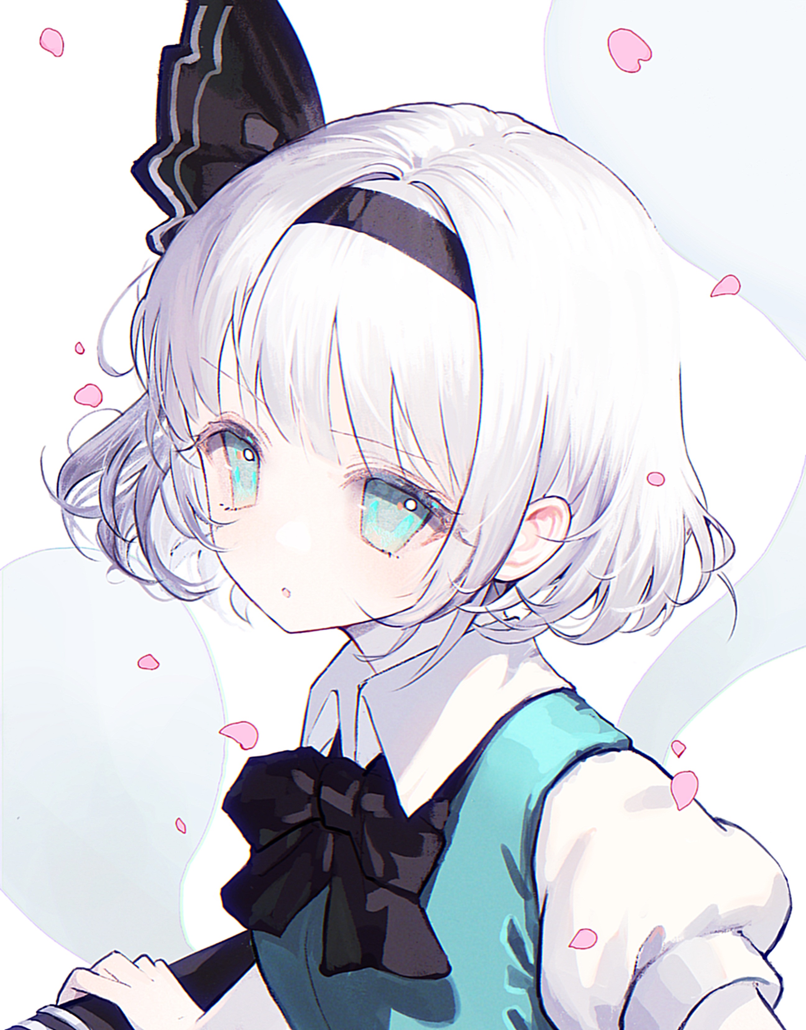 yinghua yuexiang, konpaku youmu, konpaku youmu (ghost), touhou, absurdres, chinese commentary, commentary request, highres, 1girl, black bow, black bowtie, black hairband, bow, bowtie, collared shirt, falling petals, green eyes, green vest, grey hair, hairband, hitodama, holding, holding sword, holding weapon, looking at viewer, petals, pink petals, puffy short sleeves, puffy sleeves, shirt, short sleeves, solo, sword, vest, weapon, white shirt