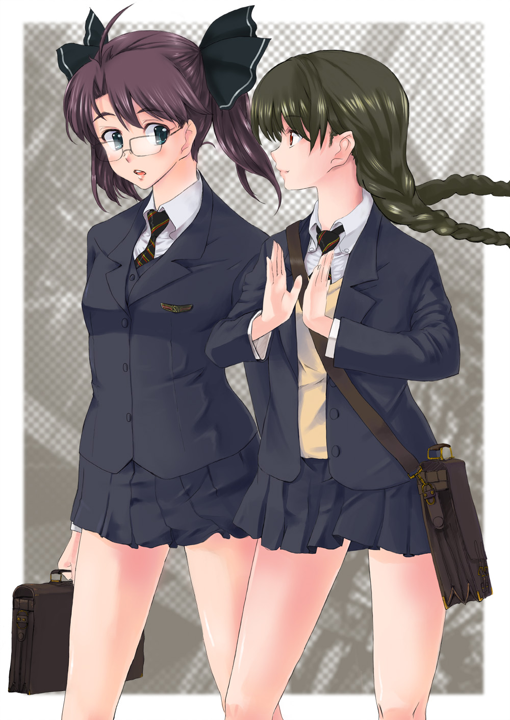 akasaai, original, bad id, bad pixiv id, highres, 2girls, bag, blue eyes, braid, brown hair, glasses, hair ribbon, multiple girls, necktie, purple hair, red eyes, ribbon, school uniform, skirt, twin braids