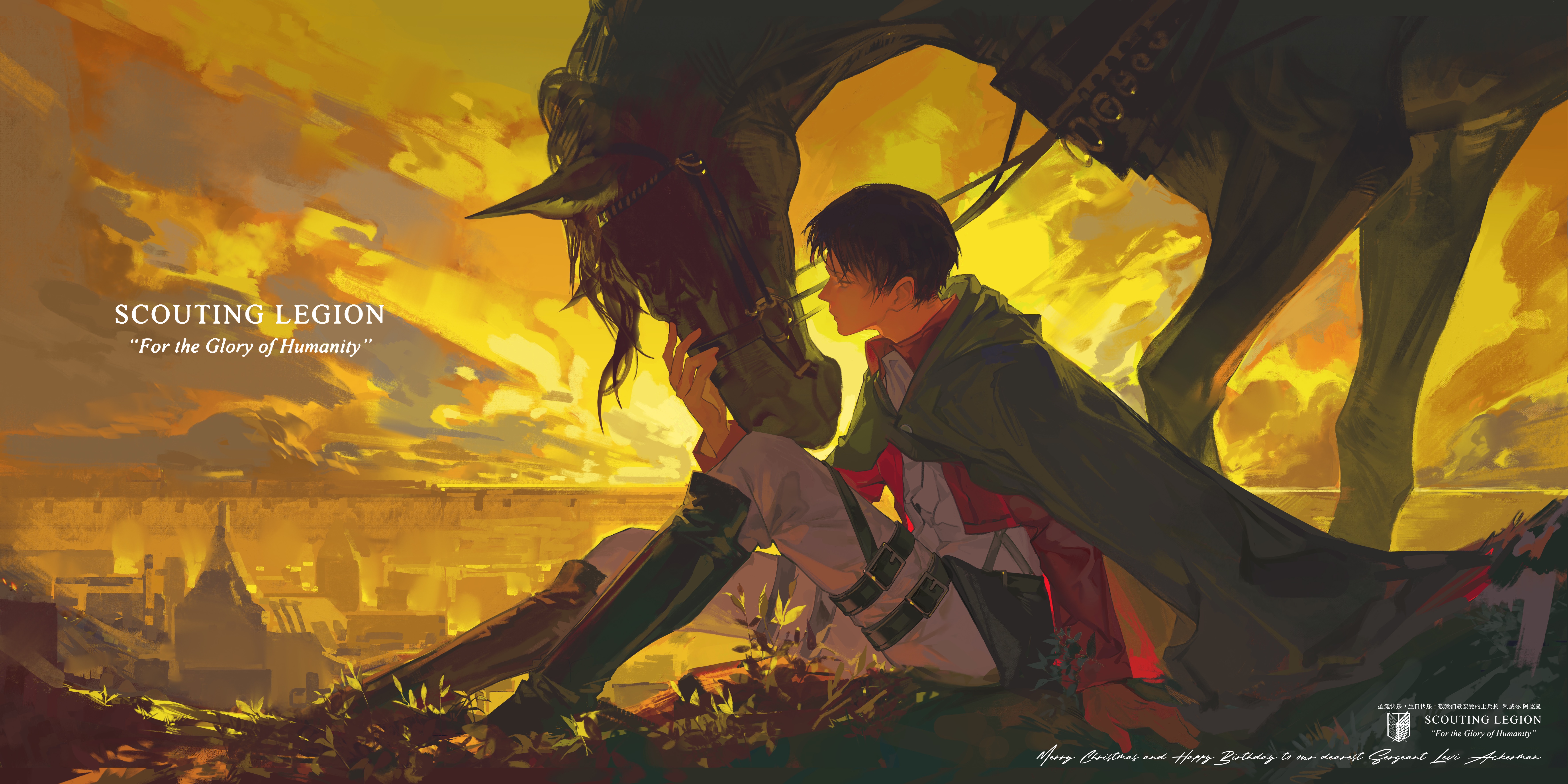 levi (shingeki no kyojin), shingeki no kyojin, absurdres, chinese commentary, commentary request, highres, 1boy, black boots, black hair, boots, brown jacket, cloak, cropped jacket, english text, full body, green cloak, horse, jacket, li 2 cun, male focus, military jacket, outdoors, pants, reins, short hair, sitting, survey corps (emblem), three-dimensional maneuver gear, white pants