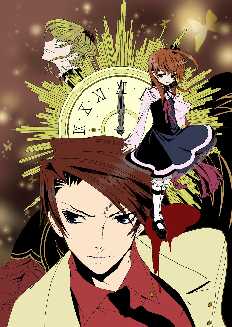 natsumi kei, beatrice (umineko), ushiromiya battler, ushiromiya maria, umineko no naku koro ni, highres, 00s, blonde hair, brown hair, bug, butterfly, clock, dress, insect, kneehighs, red hair, serious, smile, socks