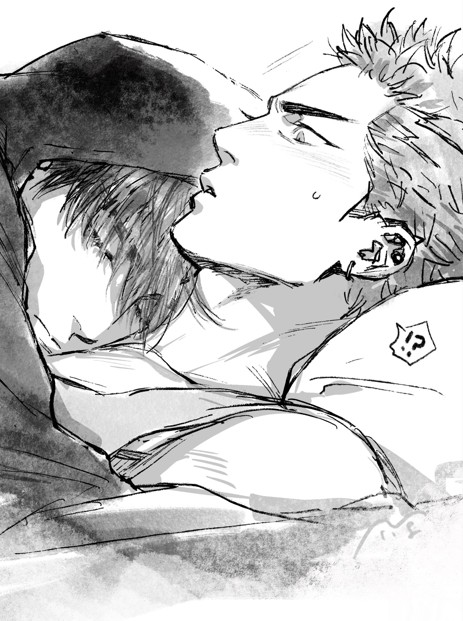 tsutabnst, rukawa kaede, sakuragi hanamichi, slam dunk (series), commentary request, highres, !?, 2boys, blush, closed eyes, greyscale, hood, hood up, hoodie, looking at another, lying, male focus, monochrome, multiple boys, nervous sweating, on person, short hair, short sideburns, sideburns, simple background, speech bubble, spoken interrobang, sweat, tank top, under covers, upper body, yaoi