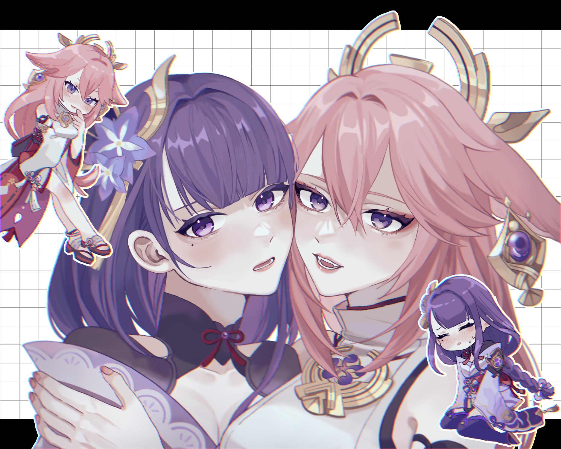 raiden shogun, yae miko, genshin impact, commentary, highres, symbol-only commentary, 2girls, animal ear piercing, animal ears, blunt bangs, blush, breasts, chibi, cleavage, closed eyes, clothing cutout, couple, embarrassed, fangs, fox ears, fox girl, hair between eyes, hair ornament, hand on another's shoulder, head tilt, headpiece, heads together, hug, hug from side, ichi 0000 maru, japanese clothes, jewelry, kimono, kneeling, large breasts, leaning forward, leaning on person, leaning to the side, long hair, looking at viewer, looking to the side, mole, mole under eye, multiple girls, neck ribbon, nose blush, off shoulder, open mouth, pendant, pink hair, pink lips, pink nails, purple eyes, purple hair, purple kimono, red ribbon, red sash, ribbon, sash, shoulder cutout, shy, standing, sweat, upper body, yuri