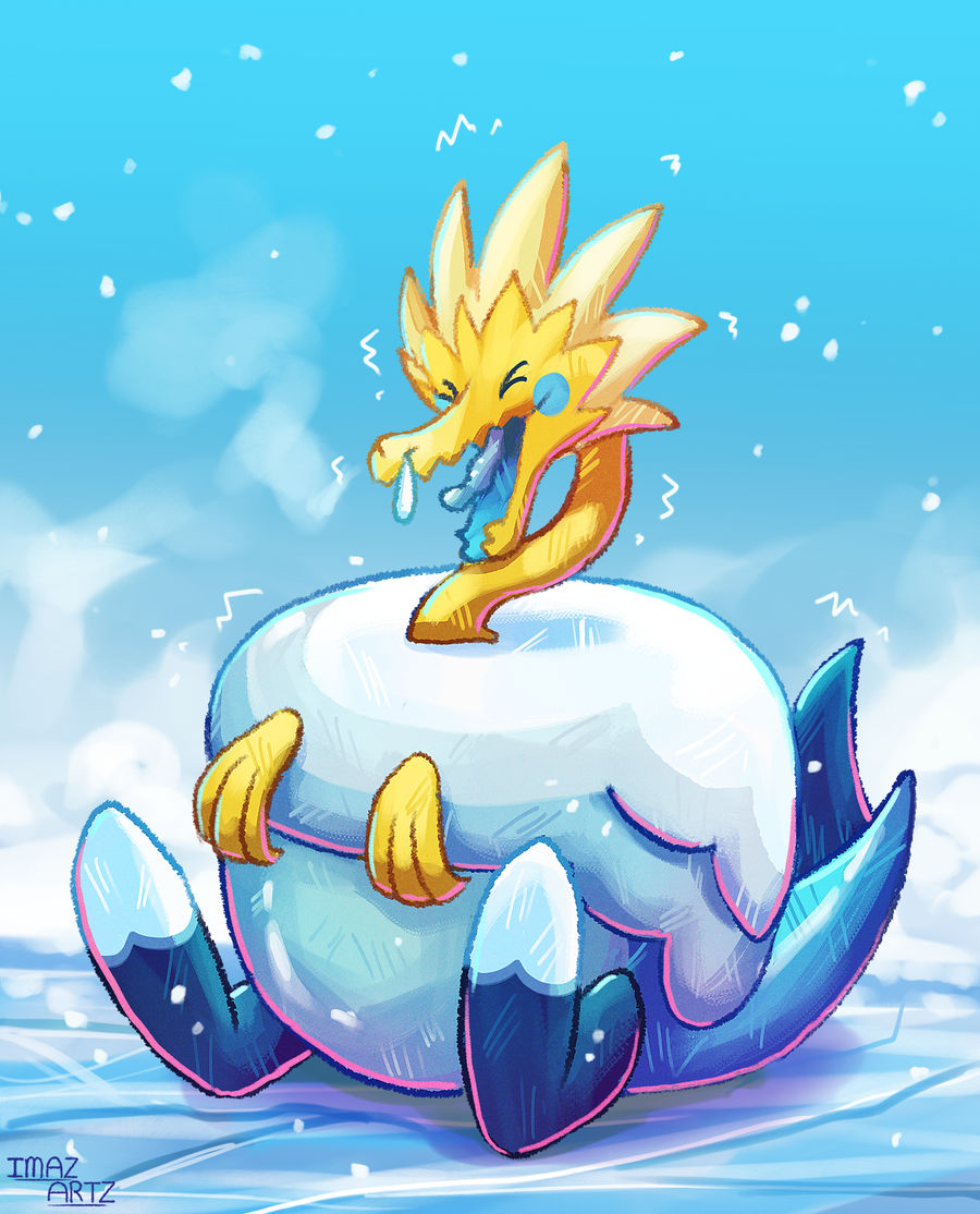 imazartz, arctozolt, nintendo, pokemon, commentary, english commentary, > <, artist name, blue sky, blue tongue, closed eyes, cold, colored tongue, day, full body, gen 8 pokemon, ice, no humans, open mouth, outdoors, pokemon (creature), pokemon focus, sitting, sky, snot, snowing, solo, tongue, trembling