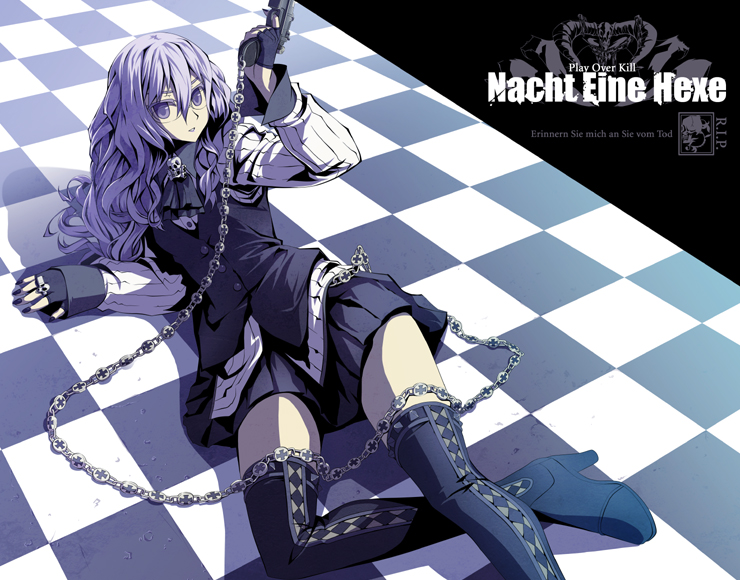 noguchi, original, 1girl, boots, chain, female focus, fingerless gloves, german text, glasses, gloves, long hair, lying, ranguage, solo, thigh boots, thighhighs, zettai ryouiki