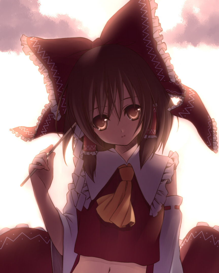 nana mikoto, hakurei reimu, touhou, 1girl, backlighting, bloom, bow, brown eyes, brown hair, detached sleeves, female focus, gohei, hair bow, head tilt, japanese clothes, large bow, miko, navel, outdoors, sky, solo, upper body, white background