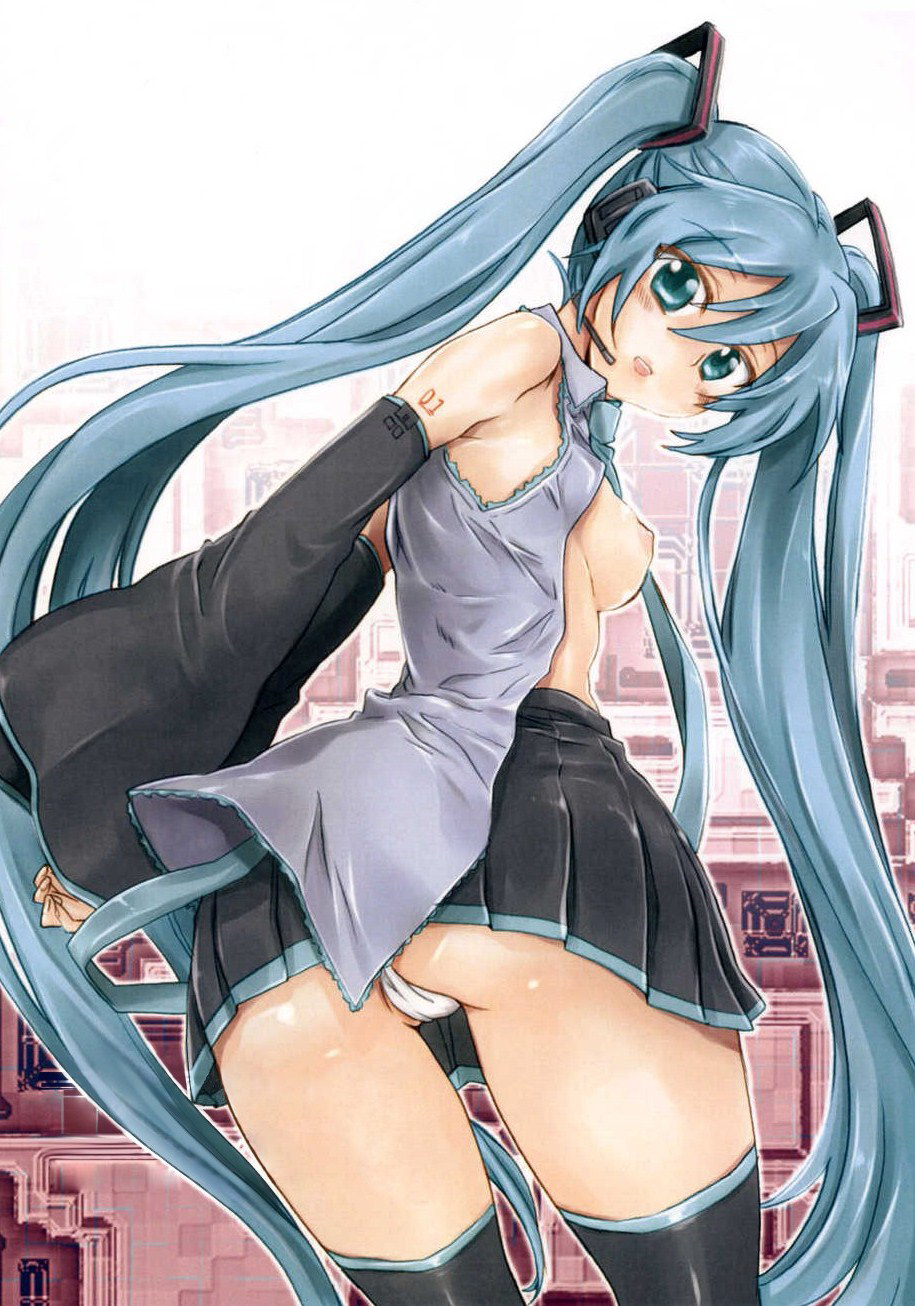 hatsune miku, vocaloid, highres, 1girl, aqua eyes, blue hair, breasts, female focus, headphones, long hair, nipples, panties, solo, twintails, underwear