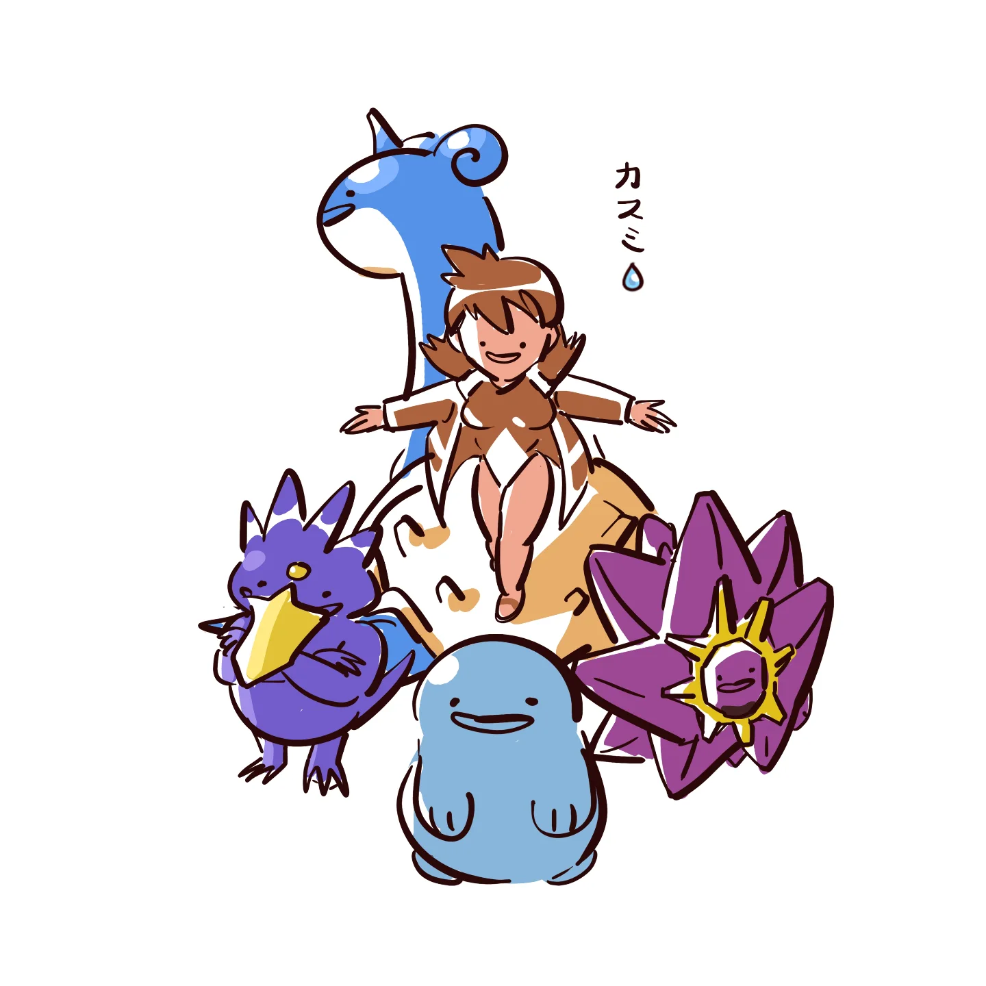 ditto, golduck, lapras, misty (pokemon), quagsire, starmie, transformed ditto, nintendo, pokemon, pokemon gsc, pokemon hgss, highres, . ., 1girl, breasts, brown hair, closed eyes, coat, crossed arms, gen 1 pokemon, gen 2 pokemon, horns, jacket, leotard, long sleeves, one-piece swimsuit, open clothes, open mouth, orange hair, outstretched arms, pokekmon, pokemon (creature), prototype design, shell, shoes, simple background, single horn, smile, spread arms, swimsuit, white background