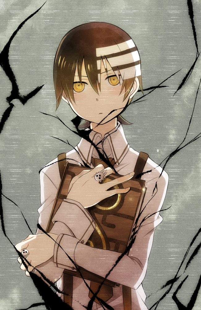 edato, death the kid, soul eater, bad id, bad pixiv id, 00s, 1boy, black hair, book, child, grimoire, jewelry, male focus, ring, solo, yellow eyes