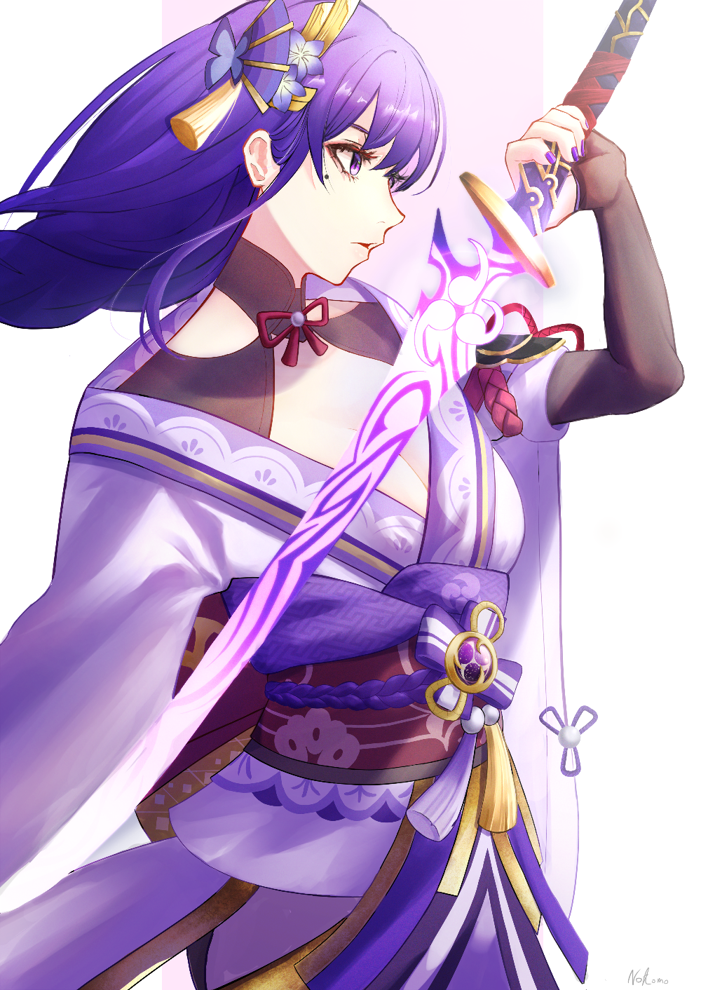 raiden shogun, genshin impact, commentary, highres, 1girl, artist name, blunt bangs, braid, breasts, cleavage, clothing cutout, fan hair ornament, from side, hair ornament, holding, holding sword, holding weapon, japanese clothes, kimono, large breasts, long braid, long hair, looking to the side, mitsudomoe (shape), mole, mole under eye, musou isshin (genshin impact), neck ribbon, noto so, off shoulder, open mouth, purple eyes, purple hair, purple kimono, red ribbon, red sash, ribbon, sash, shade, shoulder cutout, signature, simple background, single braid, solo, standing, sword, tomoe (symbol), upper body, weapon, white background