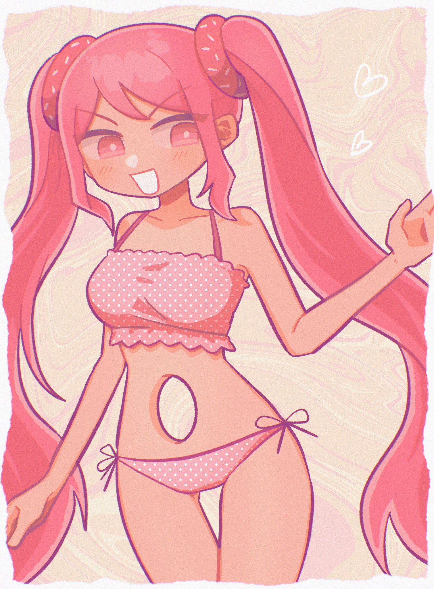 yksm oe, sweetheart (omori), omori, commentary, highres, symbol-only commentary, 1girl, alternate costume, bikini, blush, breasts, bright pupils, collarbone, dark-skinned female, dark skin, donut hair ornament, double-parted bangs, food-themed hair ornament, hair between eyes, hair ornament, long hair, looking at viewer, medium breasts, open mouth, pink bikini, pink eyes, pink hair, polka dot, polka dot bikini, sidelocks, smile, solo, swimsuit, twintails, very long hair, white pupils