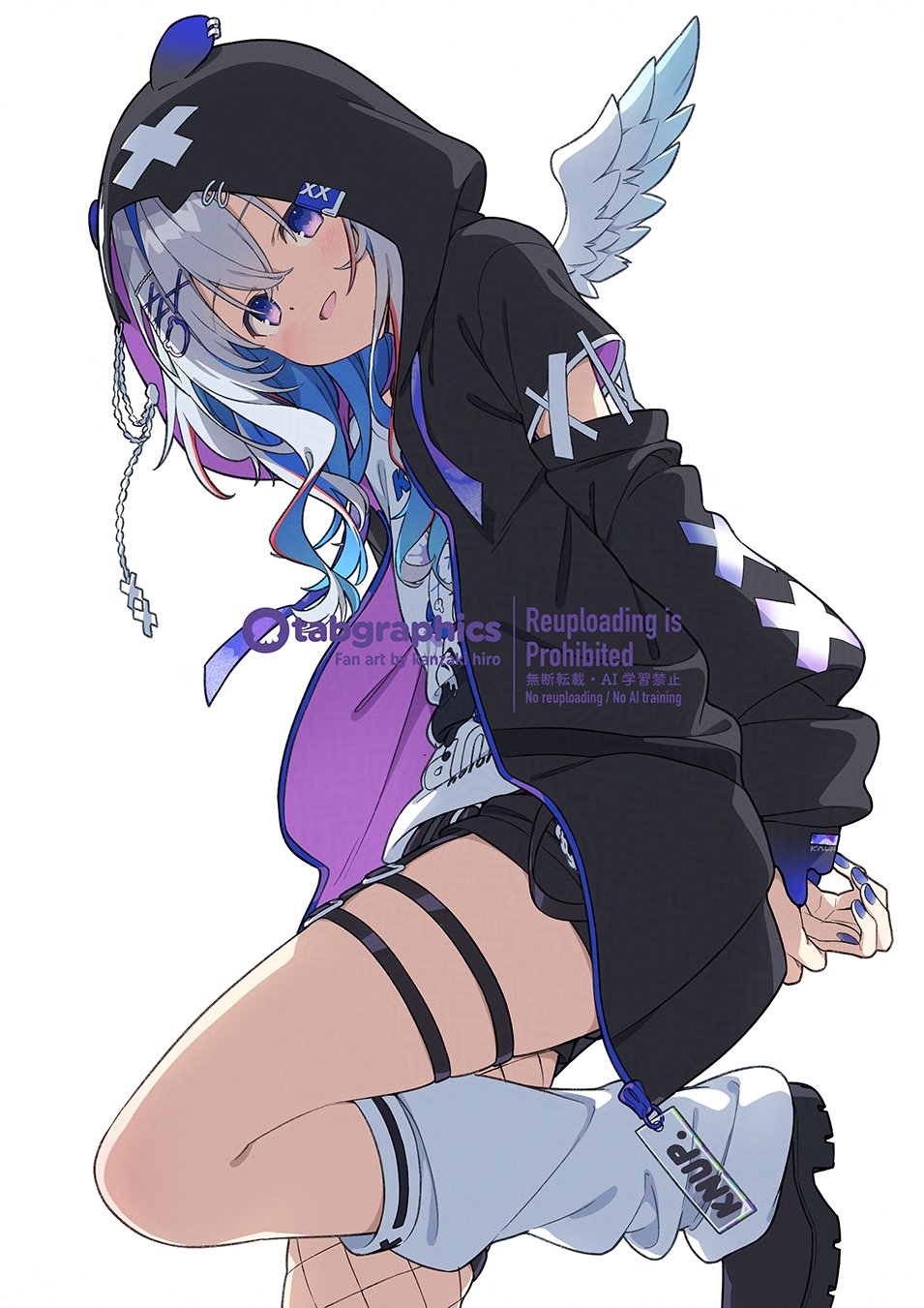 kanzaki hiro, amane kanata, hololive, highres, 1girl, arms behind back, fishnet pantyhose, fishnets, hood, hood up, hoodie, looking at viewer, nail polish, pantyhose, solo, thigh strap, virtual youtuber, wings