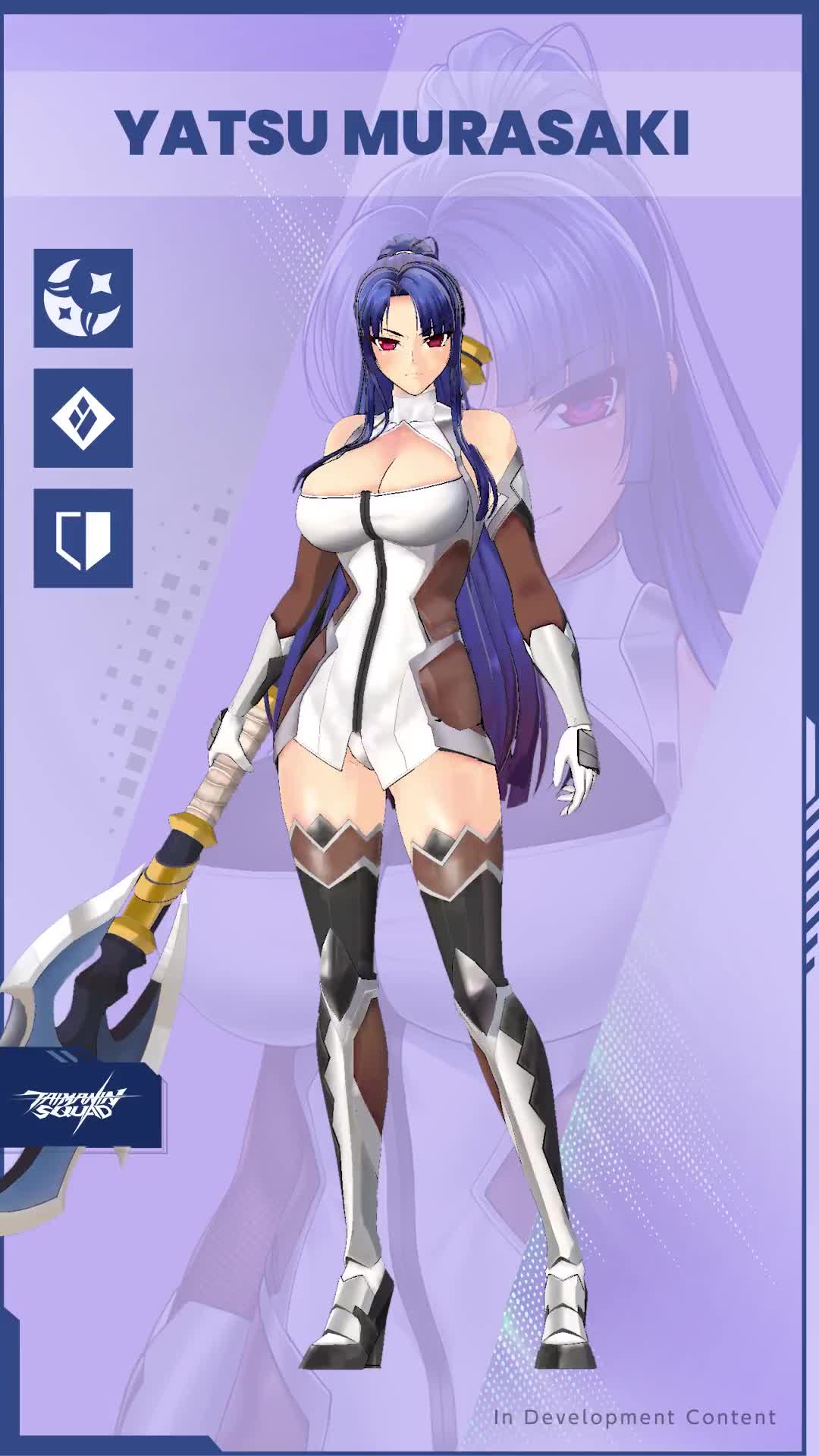 yatsu murasaki, lilith-soft, taimanin (series), taimanin squad, animated, highres, sound, video, 1girl, 3d, axe, bare shoulders, battle axe, blue hair, bodysuit, breasts, character name, cleavage, curvy, elbow gloves, full body, gloves, hand on own hip, high ponytail, hime cut, holding, holding axe, holding weapon, impossible bodysuit, impossible clothes, jumping, large breasts, long hair, looking at viewer, multiple views, ponytail, purple background, red eyes, shiny clothes, shiny skin, turnaround, weapon, wide hips, zoom layer