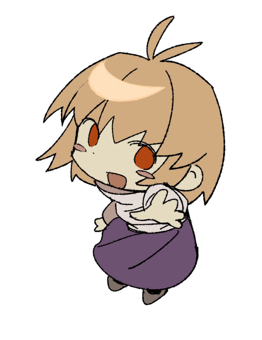 tara3763, arcueid brunestud, tsukihime, hashtag-only commentary, 1girl, :d, ahoge, blonde hair, blush, blush stickers, chibi, hair intakes, long skirt, looking at viewer, open mouth, purple skirt, reaching, reaching towards viewer, red eyes, sidelocks, skirt, smile, sweater, turtleneck, turtleneck sweater, white background, white sweater