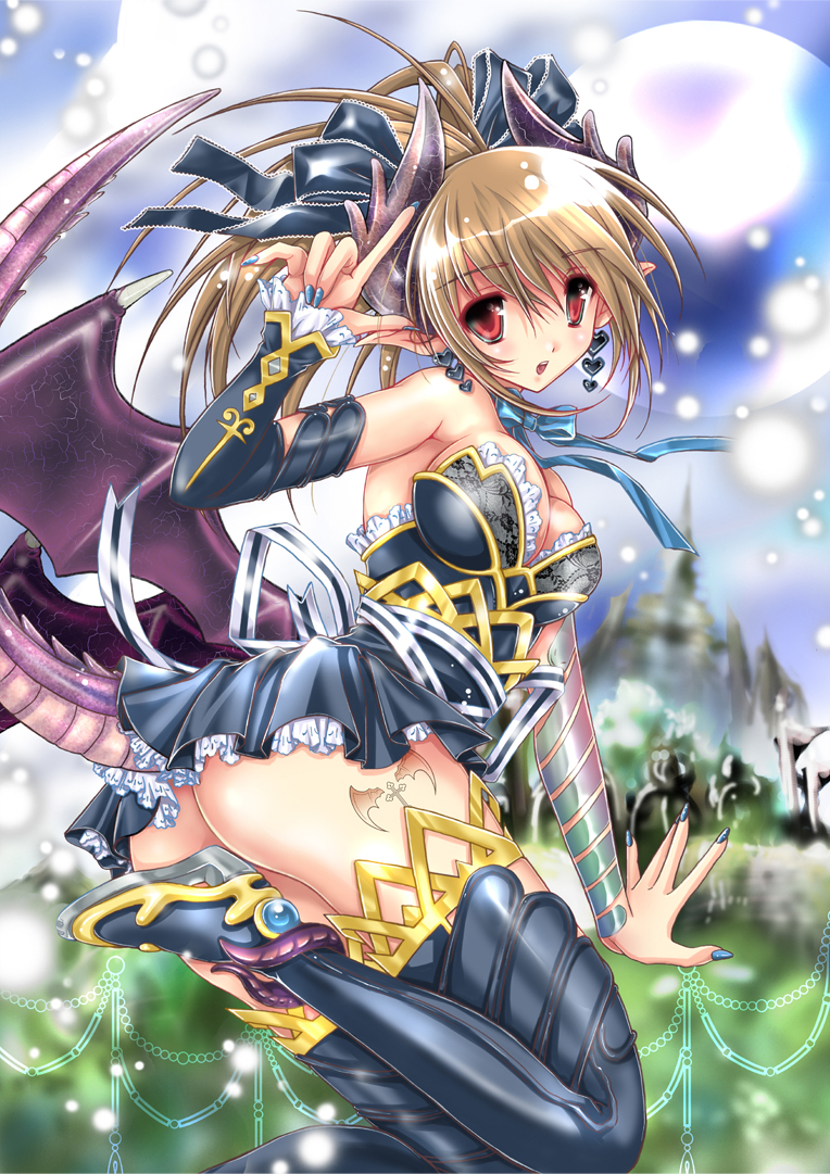 shisaki tayu, original, 1girl, ass, bare shoulders, bat wings, blonde hair, blue nails, boots, bow, breasts, castle, cleavage, demon girl, detached sleeves, dragon girl, dragon tail, dragon wings, dress, earrings, female focus, fingernails, hair ribbon, heart, horns, jewelry, lace, leg lift, long fingernails, long hair, nail (hardware), nail polish, no panties, outdoors, ponytail, red eyes, ribbon, short dress, solo, tail, tattoo, thigh boots, thighhighs, wings