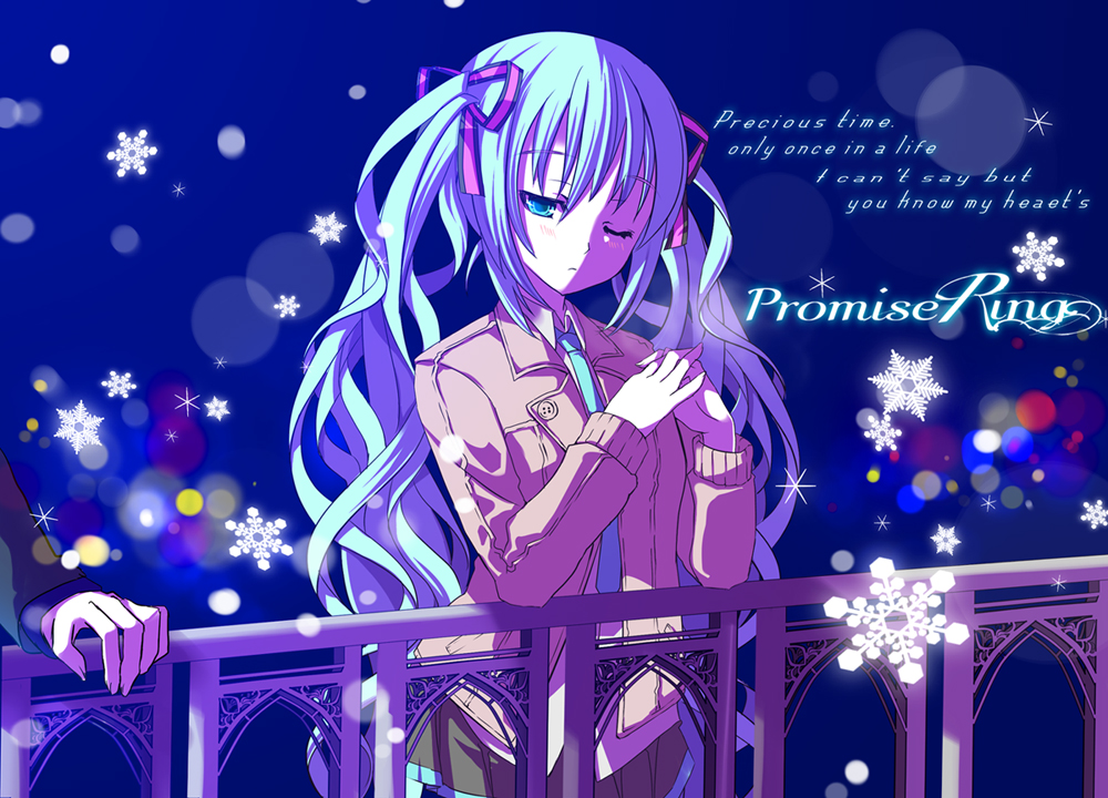 yuuki kira, hatsune miku, vocaloid, aqua eyes, aqua hair, blush, english text, engrish text, hair ribbon, jacket, long hair, necktie, night, one eye closed, outdoors, ranguage, ribbon, skirt, snow, snowflakes, solo, twintails, very long hair, wink
