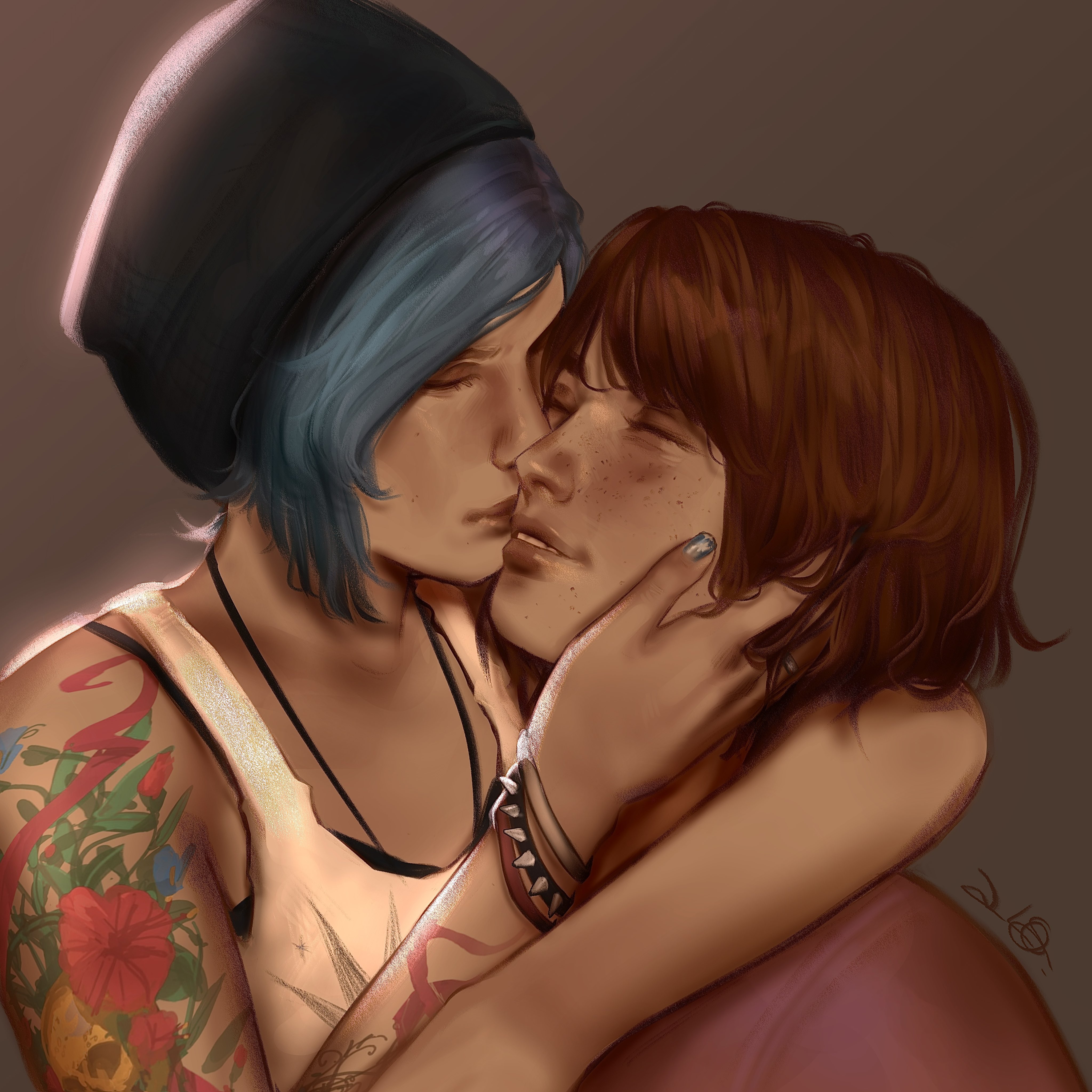 chloe price, max caulfield, life is strange (series), life is strange 1, absurdres, commentary, english commentary, highres, 2girls, beanie, black hat, blue hair, brown background, brown hair, closed eyes, hat, hug, kenoastral, multiple girls, short hair, tank top, tattoo, tattoo sleeve, upper body, white tank top