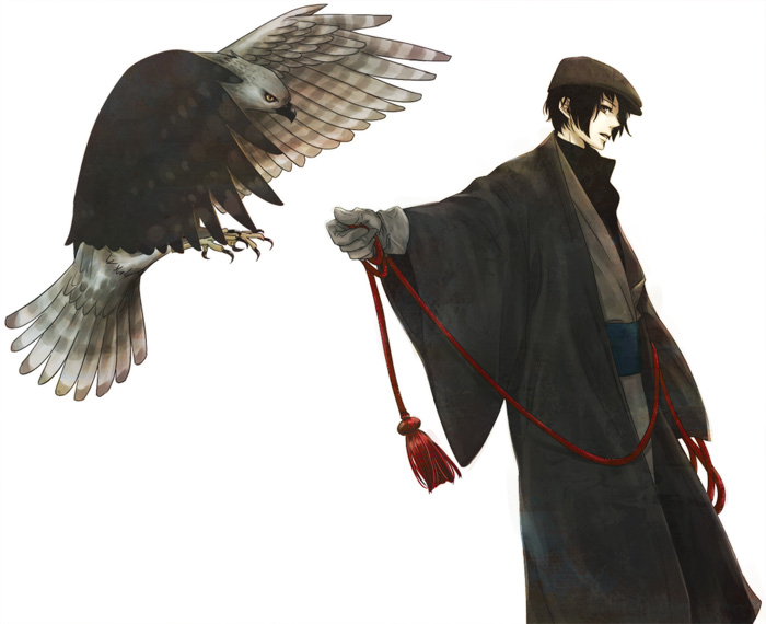 aki (pixiv98643), aki (supekutooru), japan (hetalia), axis powers hetalia, bad id, bad pixiv id, 00s, 1boy, bird, black hair, brown eyes, gloves, hat, japanese clothes, male focus, newsboy cap, simple background, solo, white background