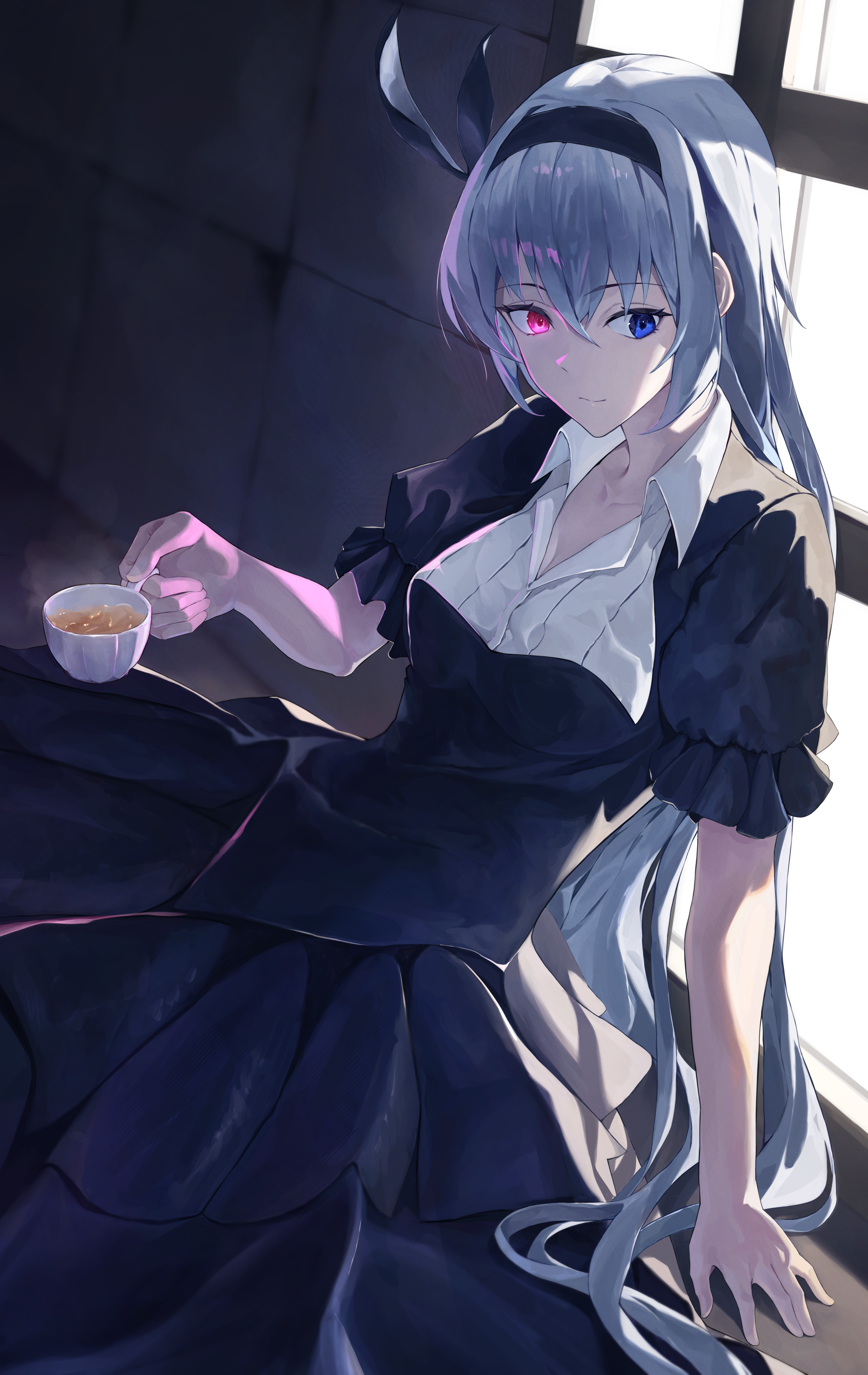 hanapoko, luminous valentine, tensei shitara slime datta ken, absurdres, commentary, english commentary, highres, 1girl, black dress, bow, cup, dress, frilled dress, frills, hair bow, holding, holding cup, light smile, long hair, multicolored eyes, sitting, solo, tea, white hair