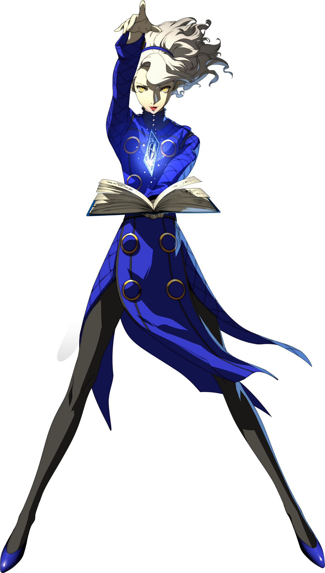 margaret (persona), persona, persona 4, persona 4: the ultimate in mayonaka arena, persona 4: the ultimax ultra suplex hold, persona 4 the golden, highres, official art, third-party source, 1girl, book, card, curly hair, dress, full body, hairband, legs, lipstick, makeup, oribe hanako, pantyhose, solo, transparent background, white hair, yellow eyes