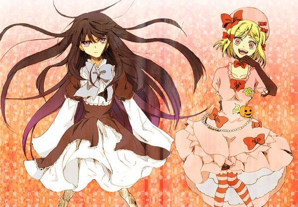 frederica bernkastel, lambdadelta, umineko no naku koro ni, 00s, angry, black dress, blonde hair, bow, dress, elbow gloves, gloves, laughing, long hair, pink dress, pumpkin, purple eyes, ribbon, yellow eyes