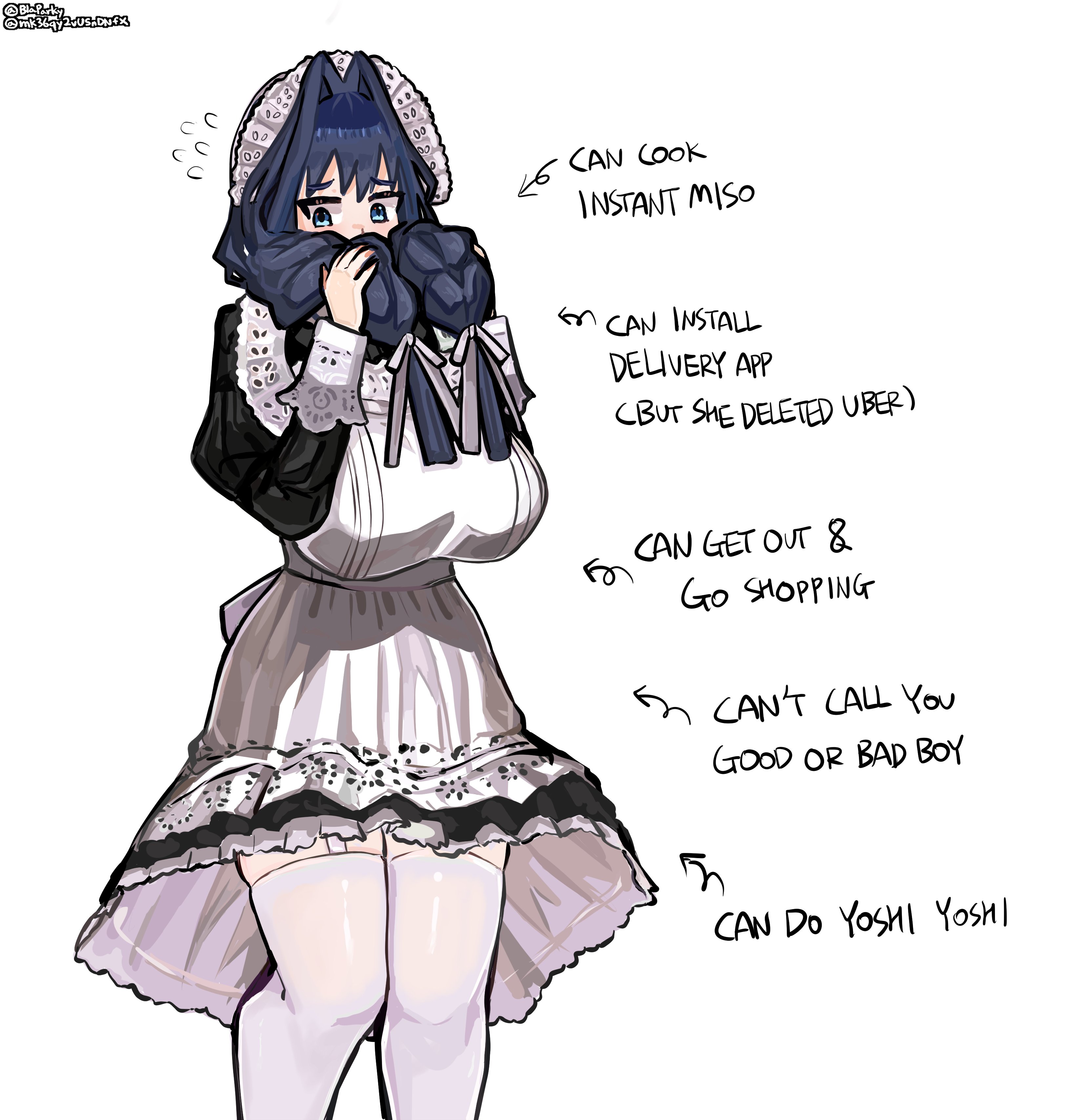 blaparky, ouro kronii, ouro kronii (maid), hololive, hololive english, absurdres, commentary, english commentary, highres, 1girl, adapted costume, apron, black dress, black hair, blue eyes, braid, braided twintails, breasts, covered mouth, dress, embarrassed, embroidered dress, embroidery, english text, flying sweatdrops, foot out of frame, frilled apron, frilled hat, frills, garter straps, grabbing own hair, hair intakes, hair over shoulder, hat, holding, holding own hair, huge breasts, lace-trimmed apron, lace trim, long hair, looking at viewer, low twin braids, low twintails, maid, maid apron, mob cap, official alternate costume, official alternate hair length, official alternate hairstyle, short dress, shy, simple background, solo, thighhighs, twin braids, twintails, victorian maid, virtual youtuber, white apron, white background, white garter straps, white hat, white thighhighs, zettai ryouiki