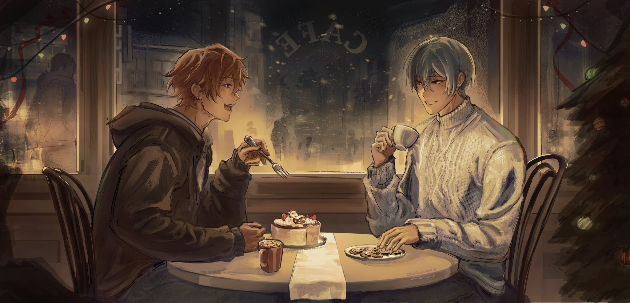 adair (juicelooped), aoyagi touya, shinonome akito, project sekai, commentary, highres, symbol-only commentary, 2boys, aran sweater, black jacket, cable knit, cafe, cake, christmas tree, cup, food, fork, holding, holding cup, holding fork, jacket, long sleeves, looking at another, male focus, multicolored hair, multiple boys, open mouth, shirt, sitting, sweater, teeth, turtleneck, turtleneck sweater, white shirt, window