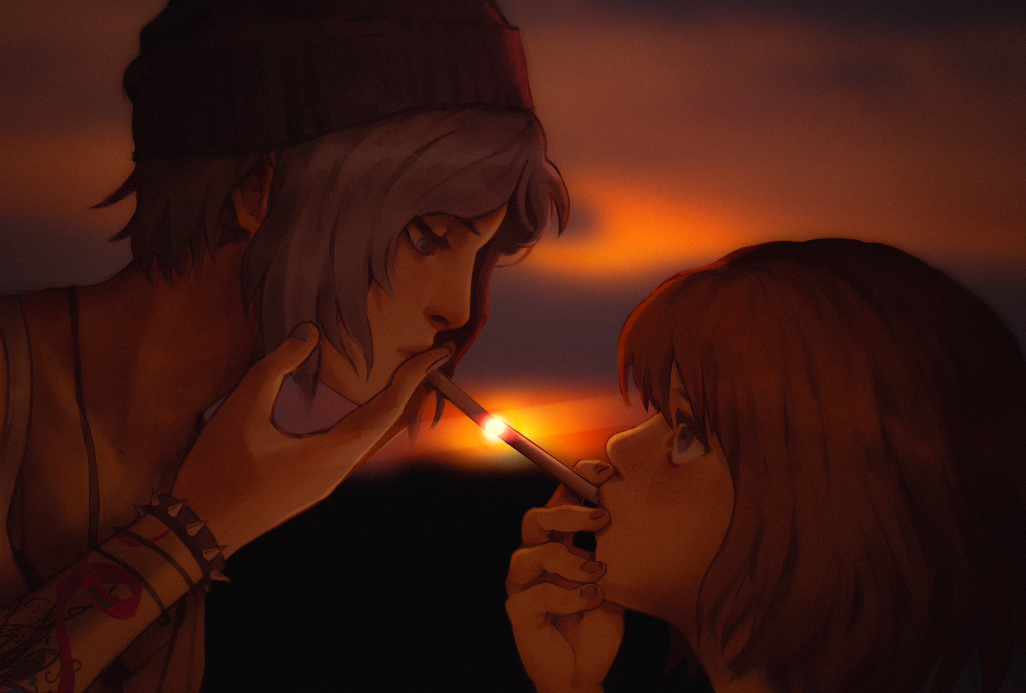 maxcrackfield, chloe price, max caulfield, life is strange (series), life is strange 1, commentary, english commentary, highres, 2girls, beanie, blue hair, brown hair, cigarette, from side, hat, looking at another, multiple girls, outdoors, short hair, sunset, upper body