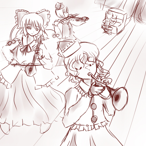 04, lunasa prismriver, lyrica prismriver, merlin prismriver, satsuki rin, embodiment of scarlet devil, touhou, lowres, 4girls, erhu, female focus, hat, instrument, monochrome, multiple girls, piano, ribbon, skirt, trumpet, violin, white background