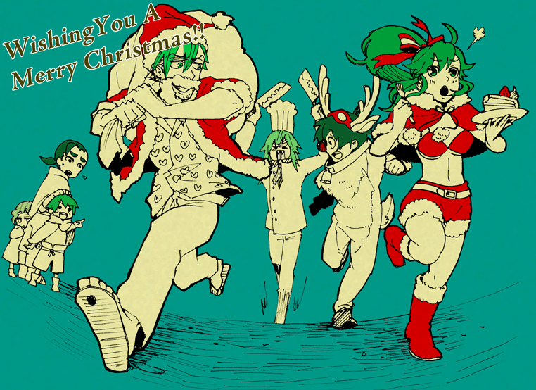 mochiko (shima), darry adai, gimmy adai, kamina (ttgl), rossiu adai, simon (ttgl), viral (ttgl), yoko littner, tengen toppa gurren lagann, 00s, 2girls, 5boys, alternate costume, animal costume, antlers, bag, bikini, bikini top only, boots, cake, cape, chasing, chef, chef hat, christmas, cleaver, dual wielding, fleeing, food, fork, green hair, hat, holding, horns, looking back, multiple boys, multiple girls, oversized limbs, pastry, plate, pointing, reindeer costume, running, sack, sandals, santa costume, santa hat, spot color, swimsuit, watermark
