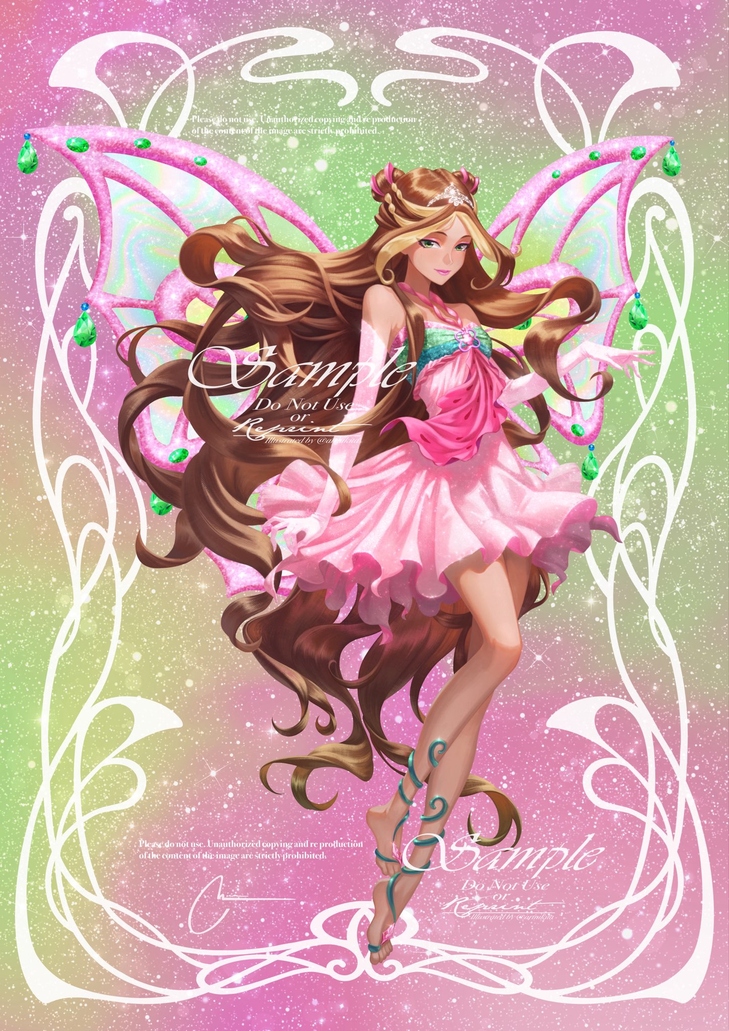 artnikita, flora (winx club), winx club, commentary, highres, symbol-only commentary, 1girl, blonde hair, brown hair, double bun, dress, elbow gloves, enchantix, gloves, hair bun, halterneck, long hair, looking at viewer, pink dress, pink gloves, sample watermark, smile, solo, watermark