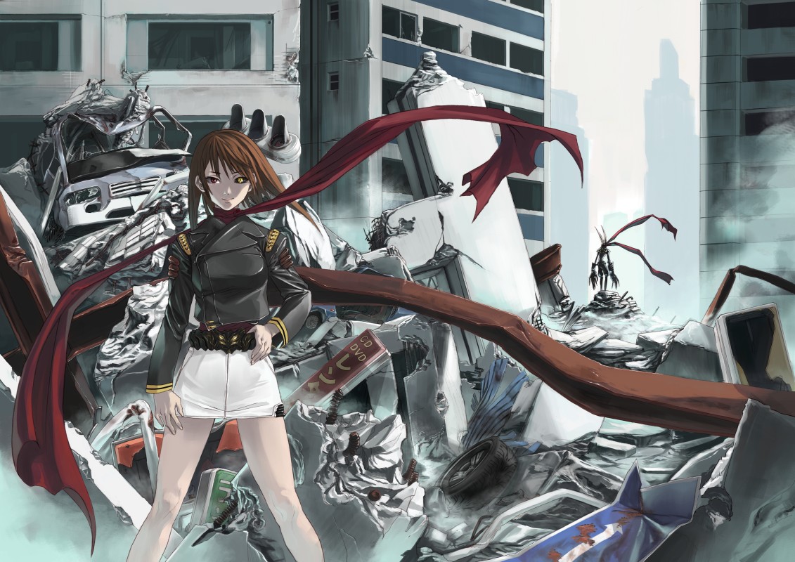 shimotsuki eight, original, 1girl, black sclera, brown hair, colored sclera, female focus, hand on own hip, heterochromia, hip focus, legs, long scarf, red eyes, red scarf, ruins, scarf, short hair, skirt, solo, yellow eyes