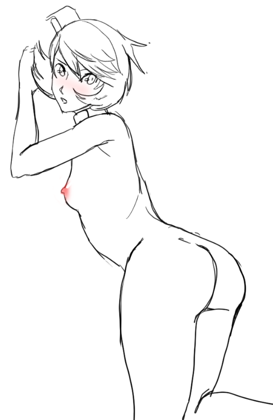 sunbeam (artist), takeba yukari, persona, persona 3, shin megami tensei, 1girl, ass, breasts, butt crack, gluteal fold, kneeling, looking back, nipples, nude, short hair, simple background, sketch, small breasts, solo