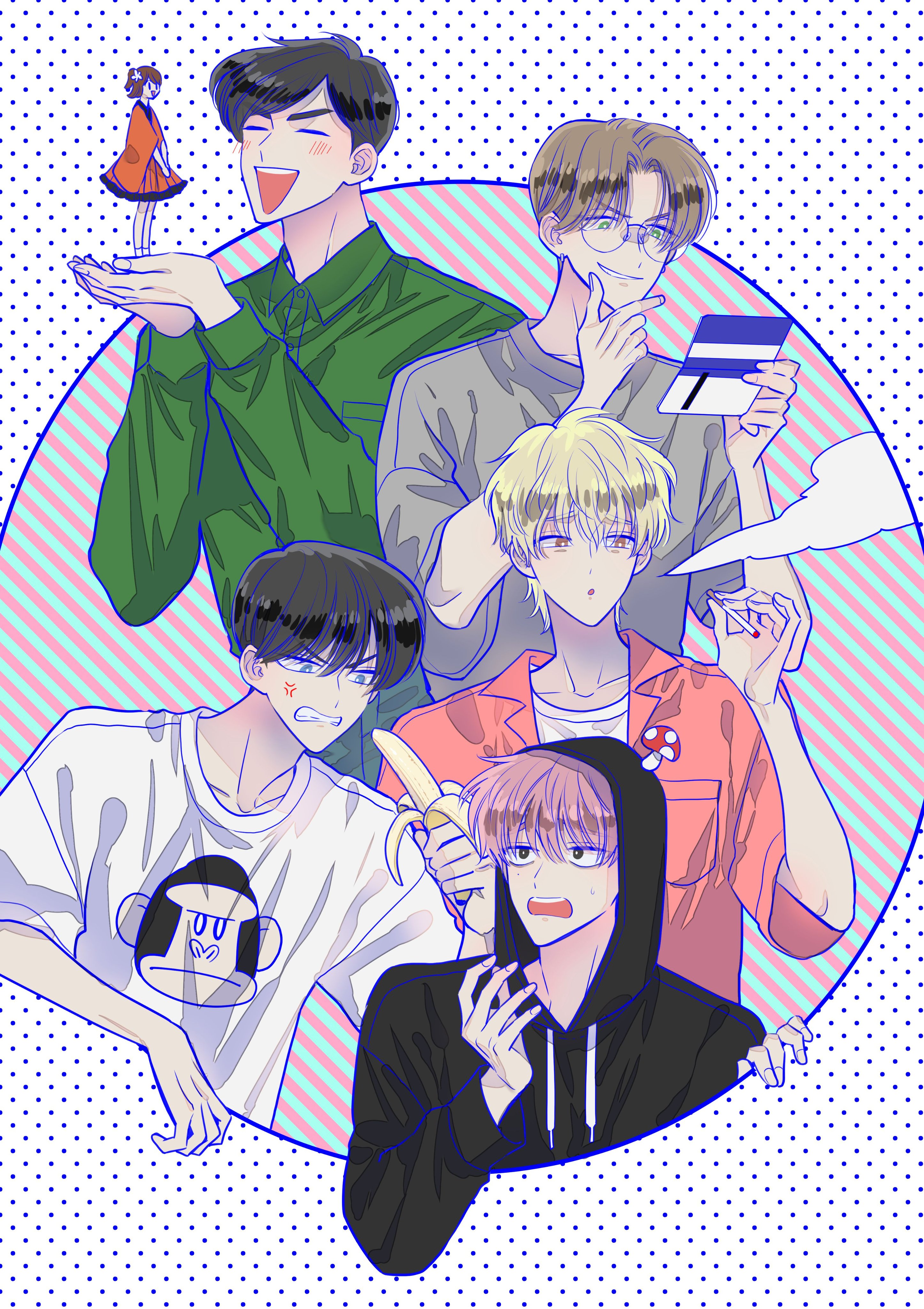fukuhara tamon, ishibashi natsuki, kai rintarou, kinoshita utage, sakaguchi ouri, tachibana keito, tamon-kun ima docchi!?, absurdres, highres, official art, 1girl, 5boys, angry, banana, black hair, black hoodie, blonde hair, blue eyes, brown hair, chibi, cigarette, closed eyes, dress, food, fruit, glasses, green eyes, green shirt, hand on own hip, hand up, hood, hoodie, jacket, long hair, long sleeves, looking at viewer, mirror, multiple boys, mushroom on head, open clothes, open jacket, open mouth, orange dress, orange jacket, pink hair, polka dot, polka dot background, scared, shirt, smile, smoke, smoking, socks, sweat, white background, white shirt, white socks