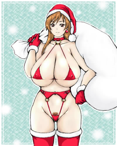 inomaru, lowres, 1girl, bare shoulders, bra, breasts, brown hair, christmas, cleavage, collar, covered erect nipples, earrings, female focus, female pubic hair, gloves, hat, huge breasts, jewelry, lingerie, long hair, panties, pubic hair, sack, santa costume, santa hat, snow, solo, standing, thighhighs, underwear