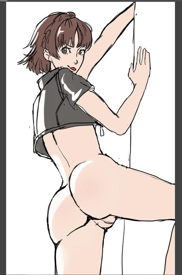 sunbeam (artist), niijima makoto, persona, persona 5, shin megami tensei, 1girl, ass, bottomless, braid, brown eyes, brown hair, butt crack, fuctionally nude, gluteal fold, half-jacket, looking at viewer, nude, pussy, short hair, simple background, solo, tongue, tongue out