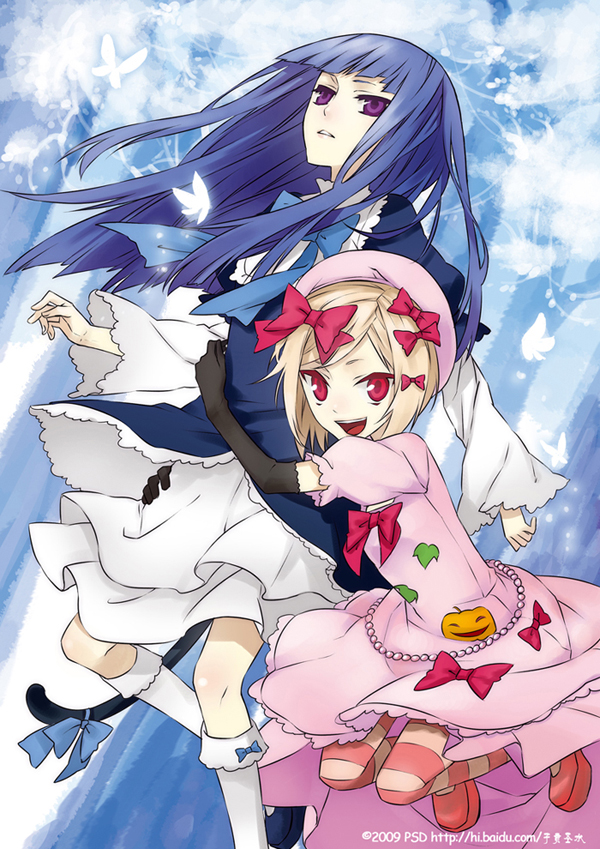 frederica bernkastel, lambdadelta, umineko no naku koro ni, 00s, blonde hair, blue hair, bug, butterfly, dress, hug, insect, kneehighs, long hair, pink dress, pumpkin, purple eyes, red eyes, ribbon, smile, socks, tail