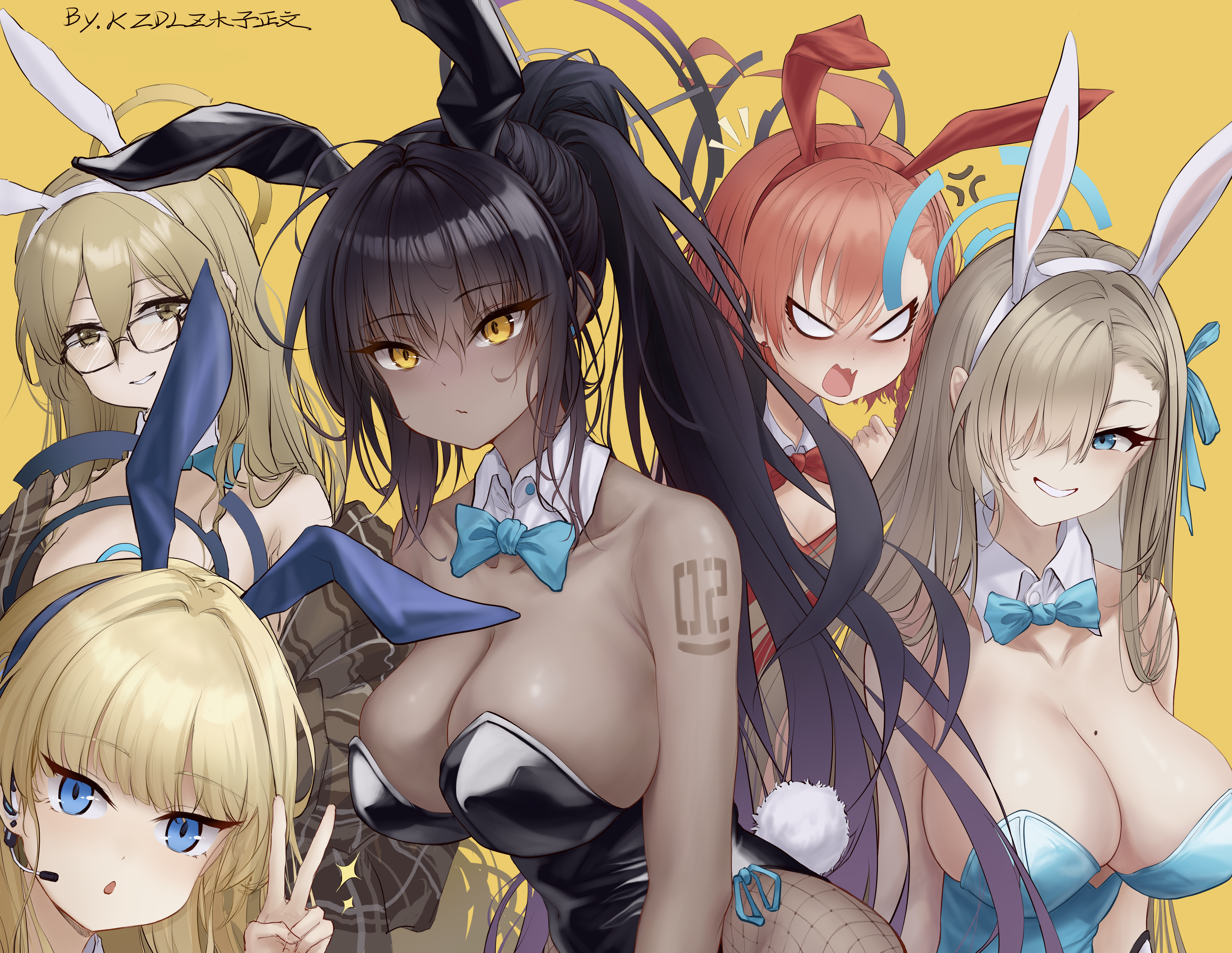 kzdlz, akane (blue archive), asuna (blue archive), karin (blue archive), neru (blue archive), toki (blue archive), blue archive, absurdres, commentary request, highres, 5girls, anger vein, animal ears, aqua bow, aqua bowtie, black leotard, blonde hair, blue eyes, blue halo, blue leotard, bow, bowtie, breasts, closed mouth, covered navel, detached collar, earpiece, fake animal ears, fake tail, glass, hair over one eye, halo, highleg, highleg leotard, large breasts, leotard, multiple girls, open mouth, playboy bunny, ponytail, rabbit ears, rabbit tail, red bow, red bowtie, red leotard, simple background, strapless, strapless leotard, tail, yellow background, yellow eyes