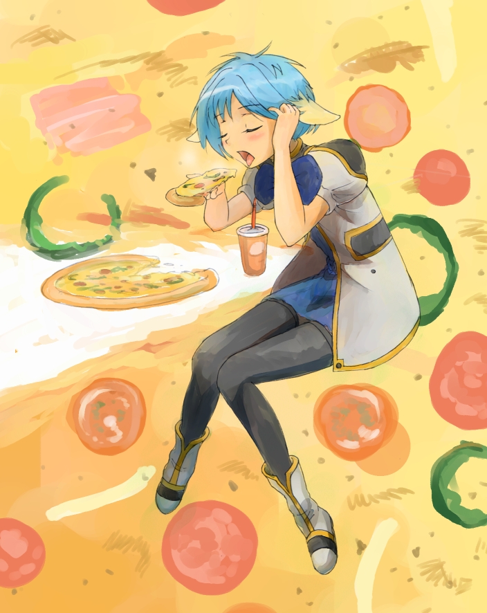nyama, mint blancmanche, galaxy angel, bad id, bad pixiv id, 00s, 1girl, animal ears, blue hair, blush, closed eyes, dress, eating, female focus, food, goat ears, open mouth, pizza, puffy sleeves, sexually suggestive, short dress, short hair, solo, thighhighs, tongue, tucking hair