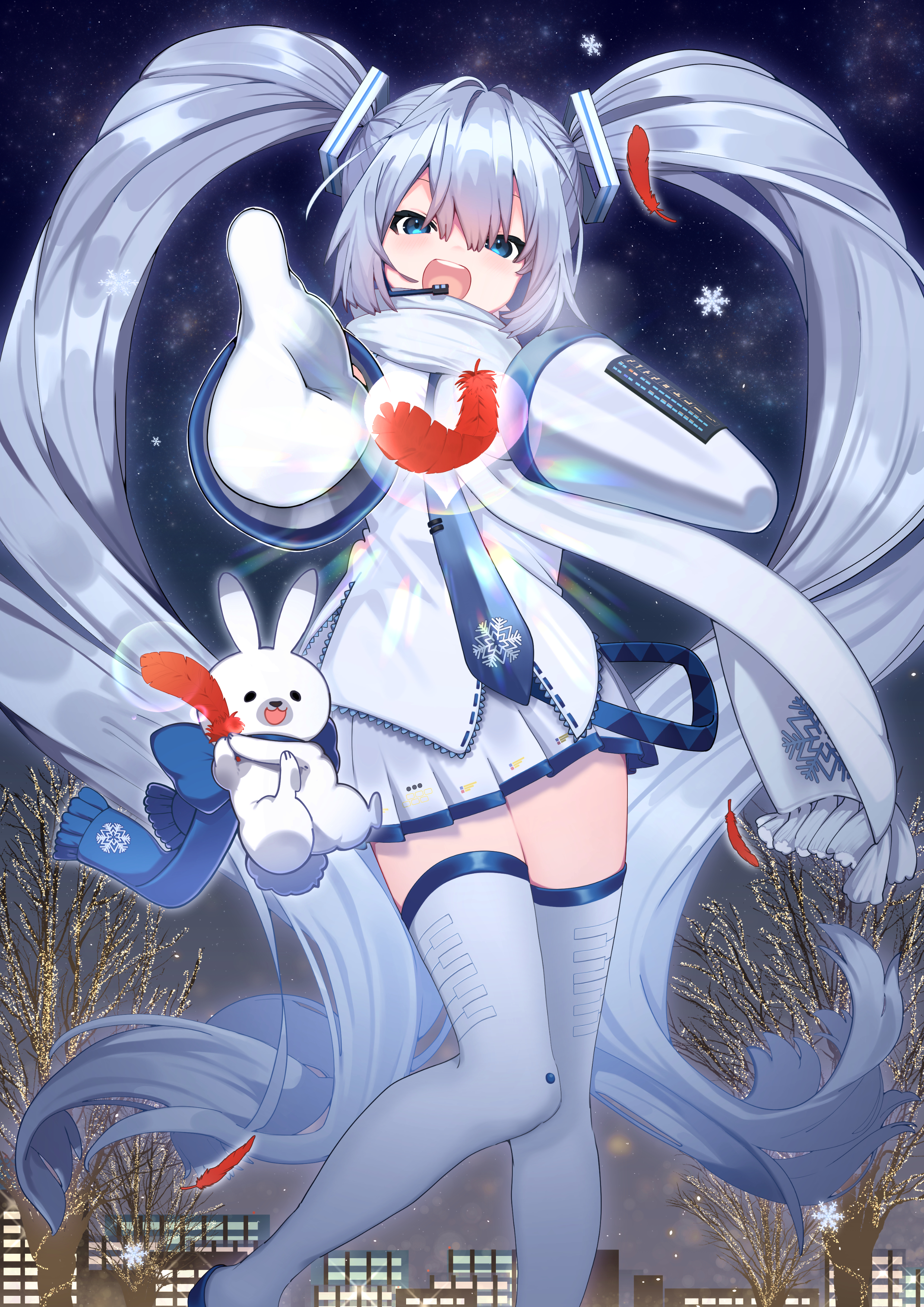 nekomiya iyo, hatsune miku, rabbit yukine, yuki miku, yuki miku (2011), vocaloid, absurdres, commentary request, highres, 1girl, animal, aqua hair, bare shoulders, blue eyes, blue necktie, blue scarf, boots, detached sleeves, double-parted bangs, feathers, feet out of frame, floating, grey boots, grey skirt, hair between eyes, hair ornament, headphones, headset, long hair, long sleeves, looking at viewer, miniskirt, mittens, necktie, open mouth, pleated skirt, rabbit, reaching, reaching towards viewer, red feathers, scarf, shirt, skirt, sleeveless, sleeveless shirt, smile, snowflake print, thigh boots, thighhighs, twintails, very long hair, white mittens, white rabbit (animal), white shirt, white sleeves, zettai ryouiki