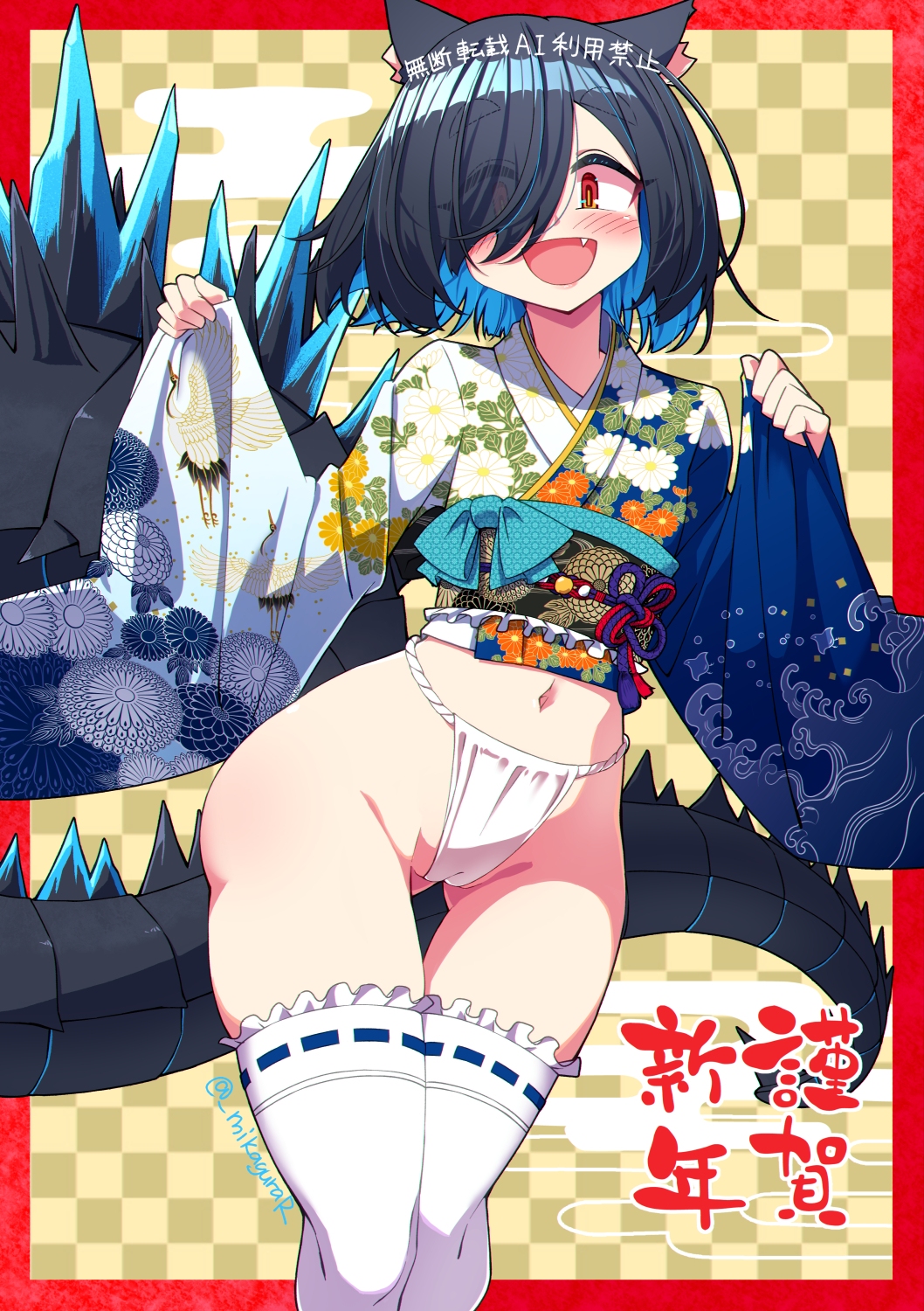 mikagura, original, commentary request, highres, 1girl, animal ears, black hair, blue hair, blue kimono, blush, cameltoe, cat ears, clothes lift, colored inner hair, eyebrows hidden by hair, fang, flat chest, fundoshi, gluteal fold, groin, hair between eyes, hair over one eye, japanese clothes, kimono, kimono lift, large tail, lizard tail, looking at viewer, midriff, mikagura-chan (mikagura), monster girl, multicolored hair, navel, open mouth, orange eyes, short hair, smile, solo, spiked tail, tail, thighhighs, two-tone hair, white thighhighs