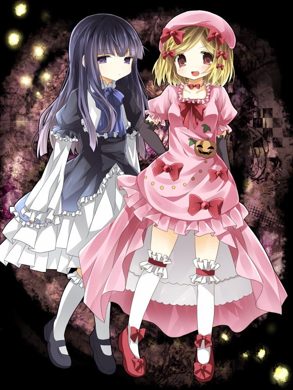 chiruku, frederica bernkastel, lambdadelta, umineko no naku koro ni, 00s, blonde hair, blue hair, dress, elbow gloves, gloves, kneehighs, long hair, mary janes, pink dress, pumpkin, purple eyes, red eyes, ribbon, shoes, smile, socks
