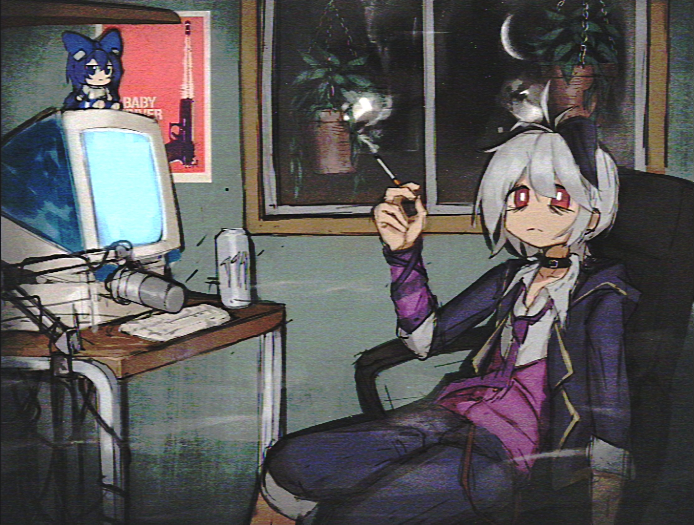 nagilamagykalz, flower (vocaloid), flower (vocaloid4), yorigami shion, monster energy, touhou, vocaloid, commentary, commission, english commentary, highres, 1girl, app filter, arm warmers, bags under eyes, black collar, black hair, bright pupils, can, chair, cigarette, closed mouth, collar, collared shirt, computer keyboard, crescent, crt, depressed, desk, fumo (doll), holding, holding cigarette, hood, hood down, hooded jacket, indoors, jacket, microphone, monitor, multicolored hair, night, on chair, open clothes, open jacket, plant, poster (object), potted plant, purple arm warmers, purple jacket, purple shorts, purple vest, red eyes, shirt, shorts, single arm warmer, sitting, smoke, streaked hair, striped arm warmers, vest, white hair, white pupils, white shirt, window