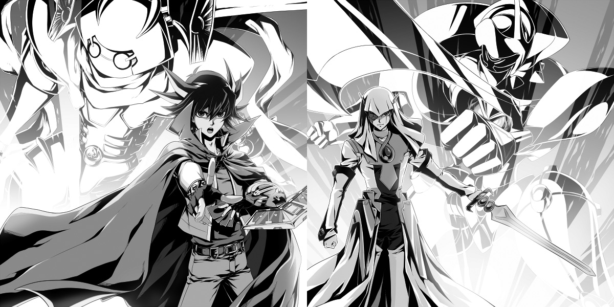 nanashi (nestica), fudo yusei, junk warrior, machine emperor wisel, meklord emperor wisel, placido, yu-gi-oh!, yu-gi-oh! 5d's, bad id, bad pixiv id, 00s, 2boys, card, duel monster, greyscale, male focus, monochrome, monster, multiple boys, sword, weapon