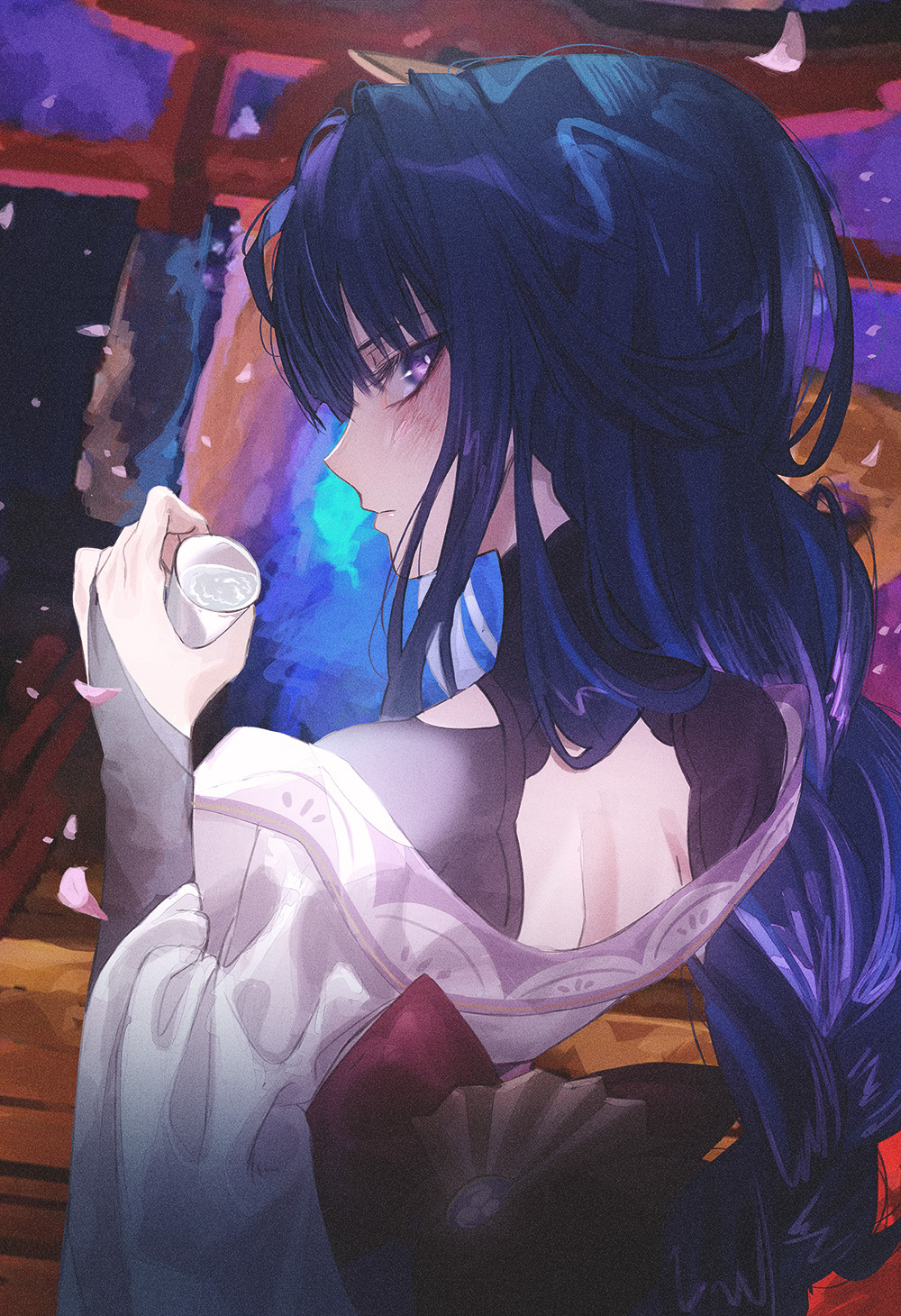 kangshi, raiden shogun, genshin impact, commentary, highres, 1girl, back, back bow, blush, bow, braid, bridal gauntlets, cherry blossoms, closed mouth, clothing cutout, cup, falling petals, from behind, from side, glowing, hair ornament, holding, holding cup, japanese clothes, kimono, long braid, looking at viewer, looking to the side, multicolored hair, petals, purple eyes, purple hair, purple kimono, red sash, sash, shoulder cutout, single braid, solo, standing, streaked hair, tree, upper body, water, wide sleeves